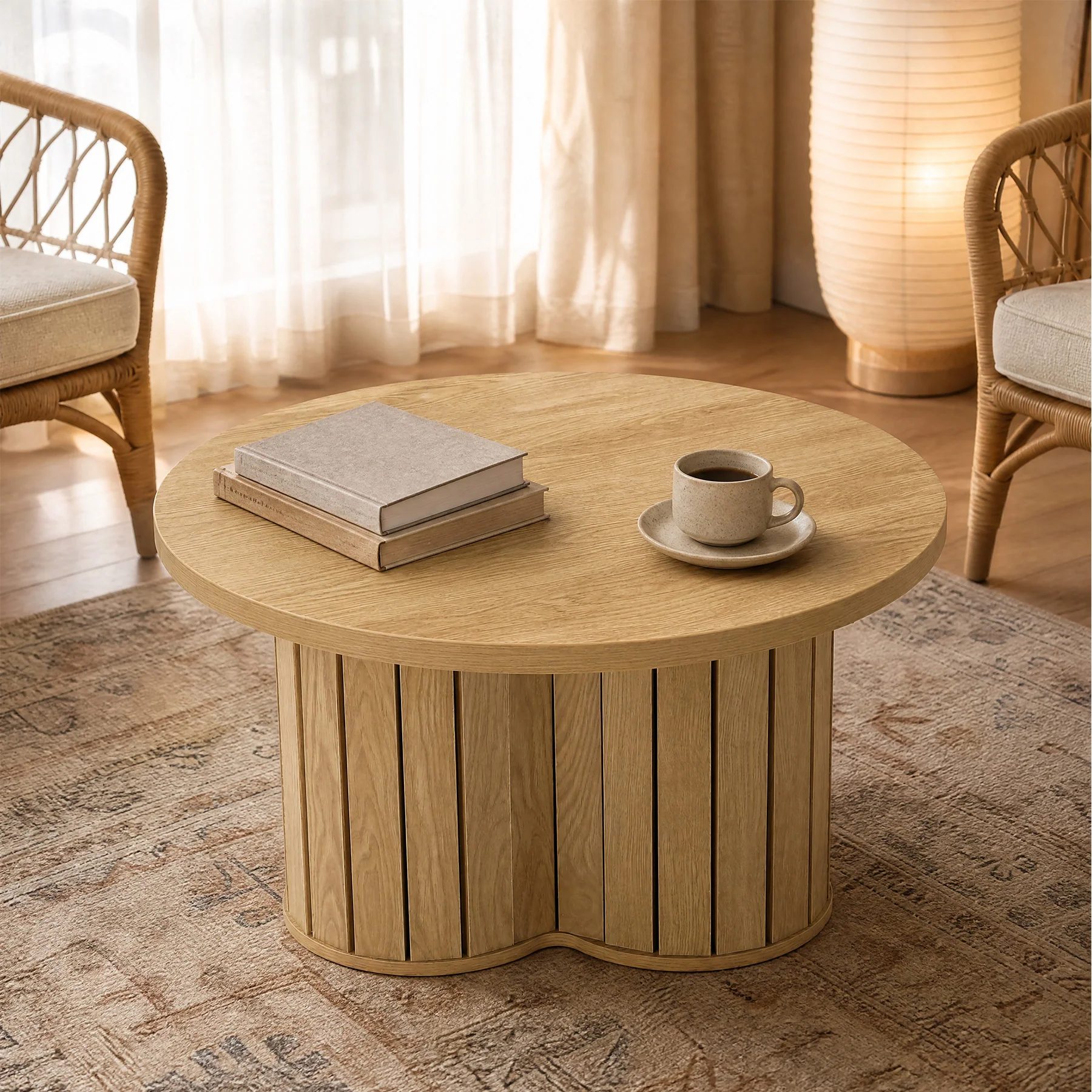 31.5-Inch Round Coffee Table, Wooden Circle Center Table with Fluted Three-Lobed Base for Living Room Apartment - Image 5