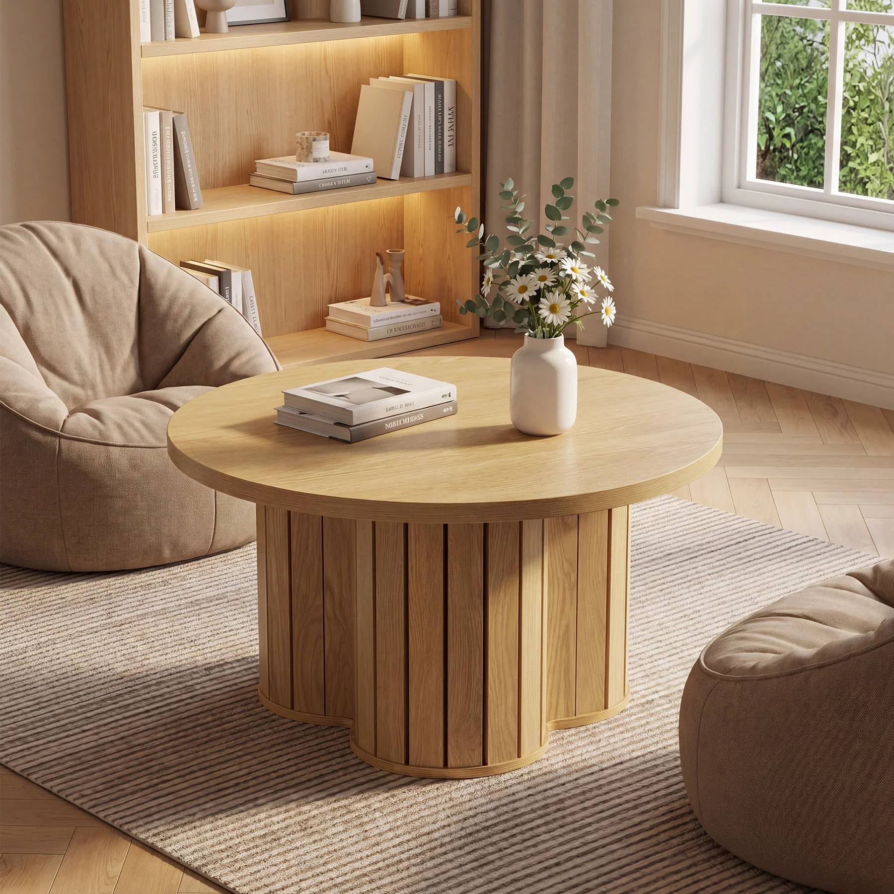 31.5-Inch Round Coffee Table, Wooden Circle Center Table with Fluted Three-Lobed Base for Living Room Apartment - Image 6