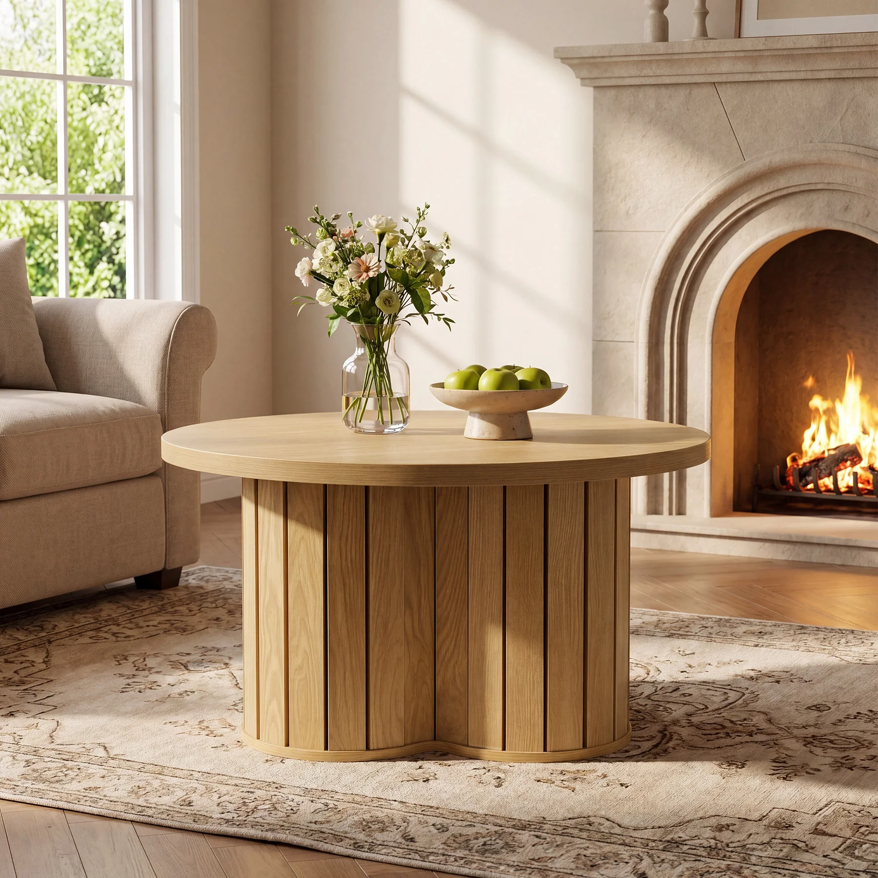 31.5-Inch Round Coffee Table, Wooden Circle Center Table with Fluted Three-Lobed Base for Living Room Apartment - Image 7