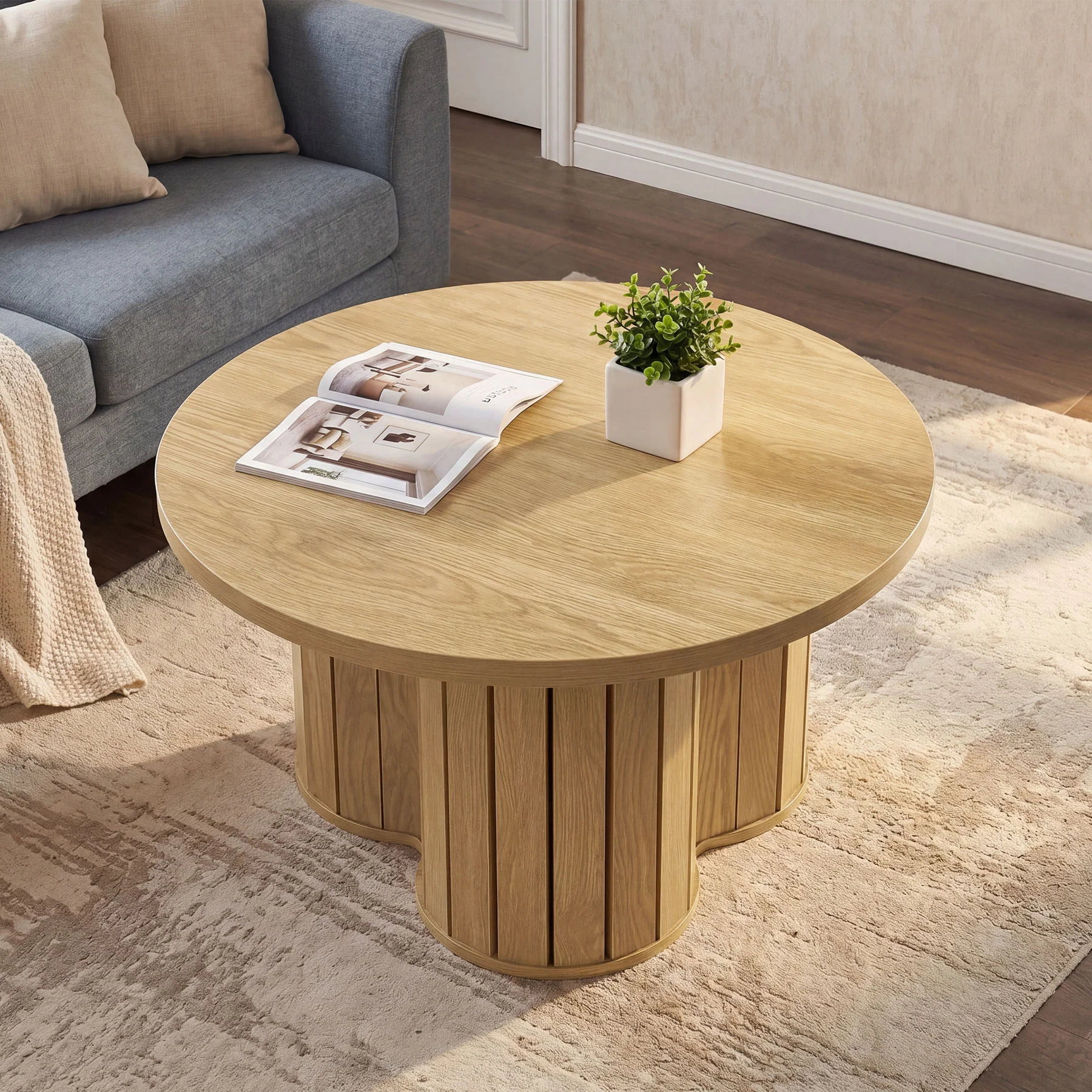 31.5-Inch Round Coffee Table, Wooden Circle Center Table with Fluted Three-Lobed Base for Living Room Apartment - Image 8