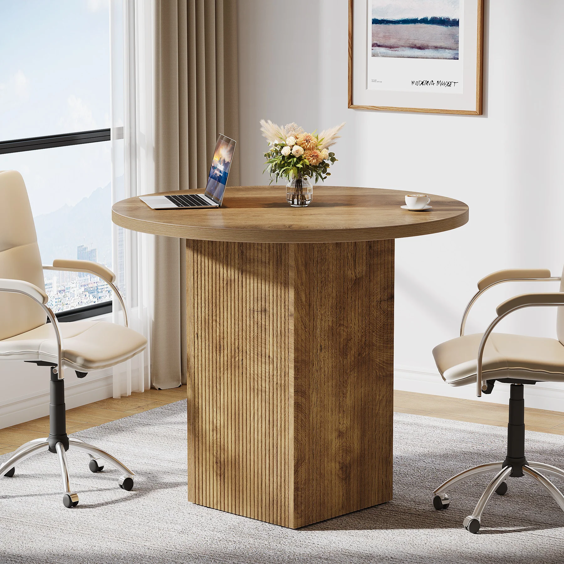 Tribesigns 31.5-Inch Round Conference Table with Fluted Pedestal Base, Small Office Meeting Table for Conference Room Study and Home Office - Image 8