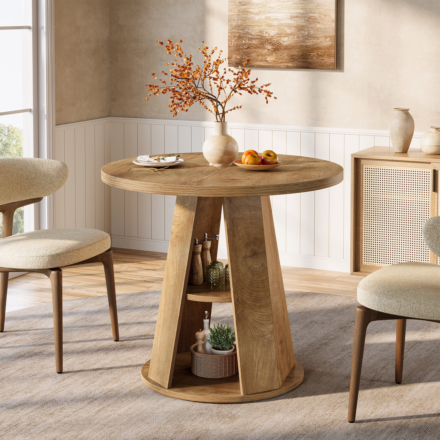 Tribesigns 31.5-Inch Round Dining Table for 2-4, Space-Saving Farmhouse Kitchen Table with 2-Tier Storage Shelf for Small Spaces - Image 7
