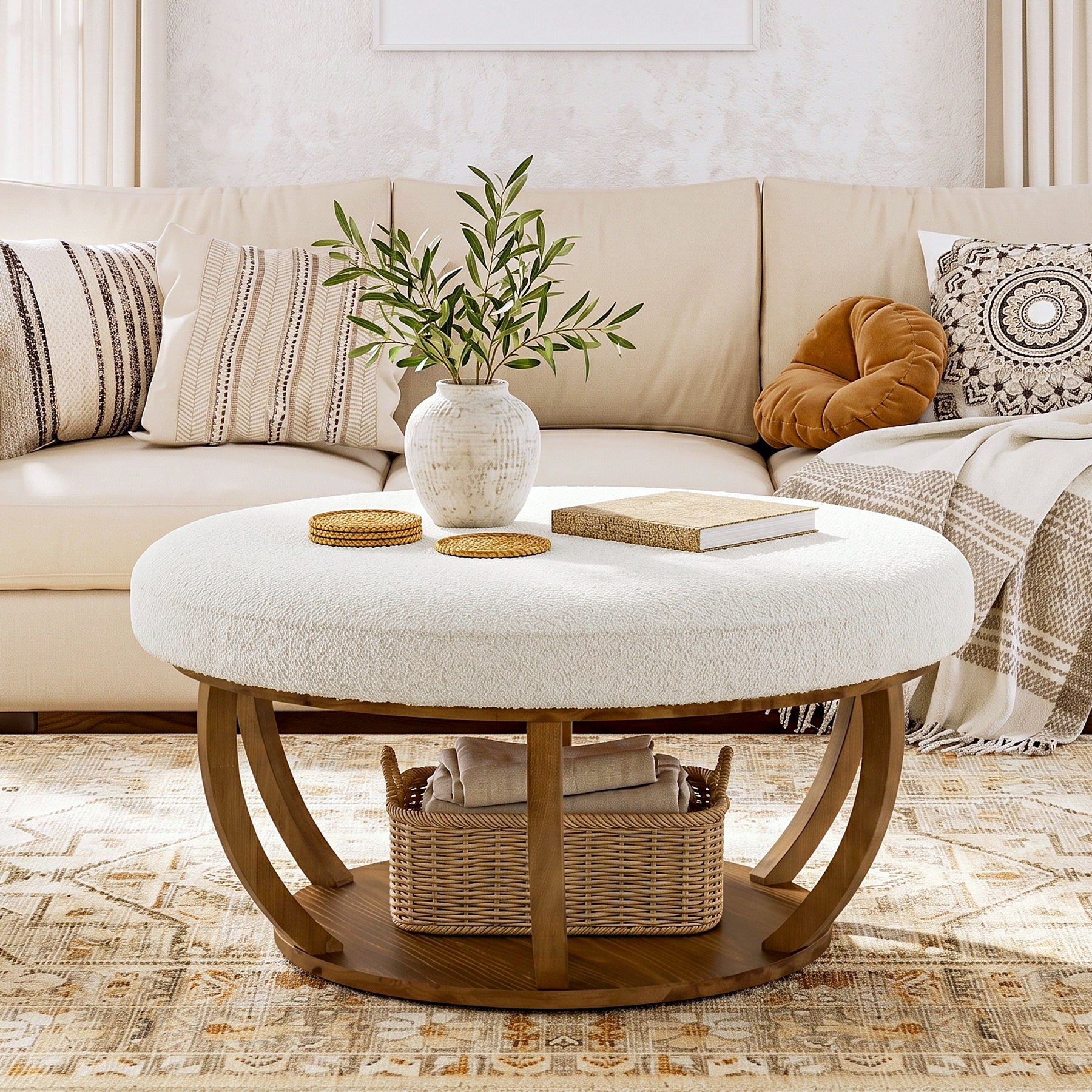 31.5-Inch Round Ottoman Coffee Table, Upholstered Storage Footrest Table - Image 11