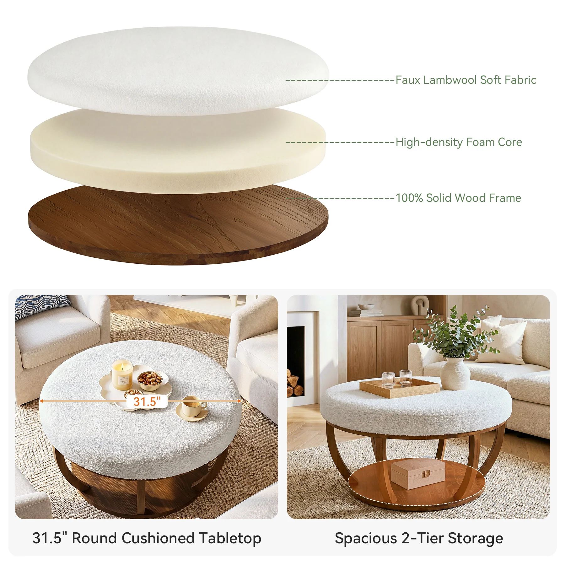 31.5-Inch Round Ottoman Coffee Table, Upholstered Storage Footrest Table - Image 4