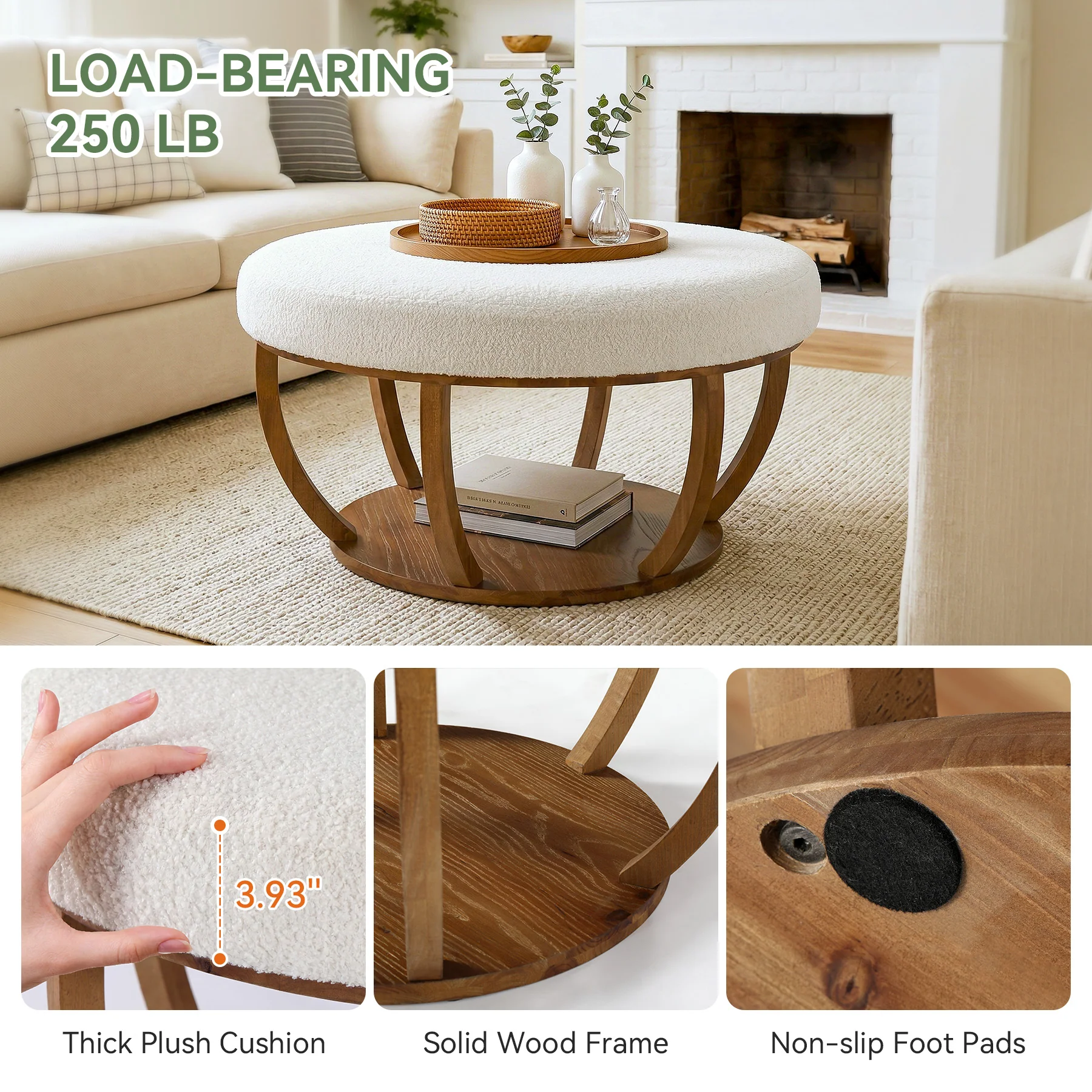 31.5-Inch Round Ottoman Coffee Table, Upholstered Storage Footrest Table - Image 5