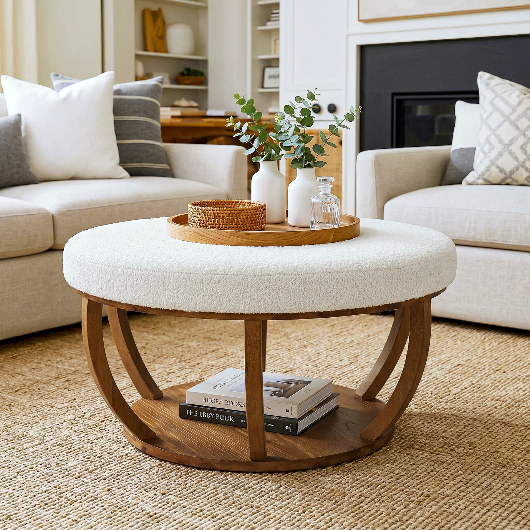 31.5-Inch Round Ottoman Coffee Table, Upholstered Storage Footrest Table - Image 6