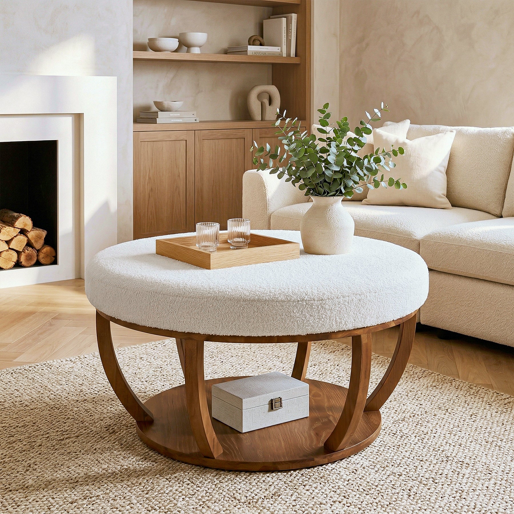31.5-Inch Round Ottoman Coffee Table, Upholstered Storage Footrest Table - Image 7