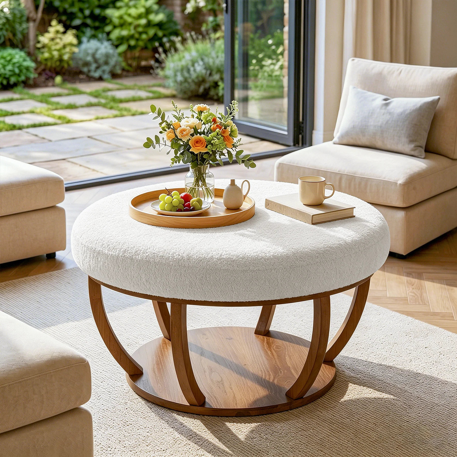 31.5-Inch Round Ottoman Coffee Table, Upholstered Storage Footrest Table - Image 8