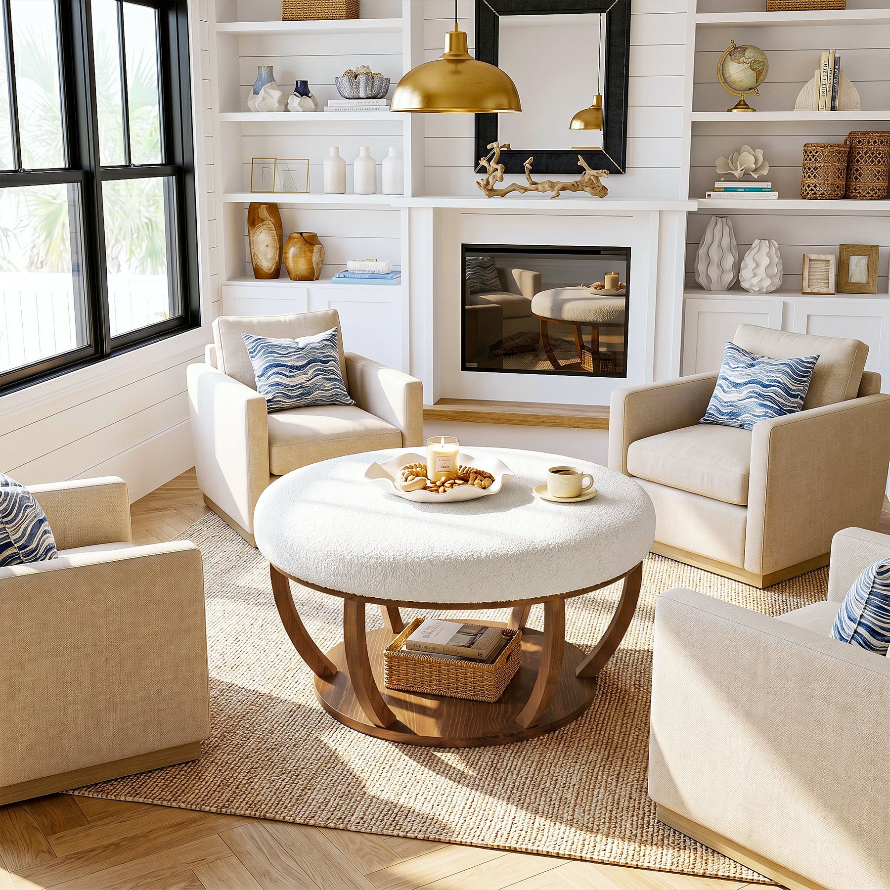 31.5-Inch Round Ottoman Coffee Table, Upholstered Storage Footrest Table - Image 9