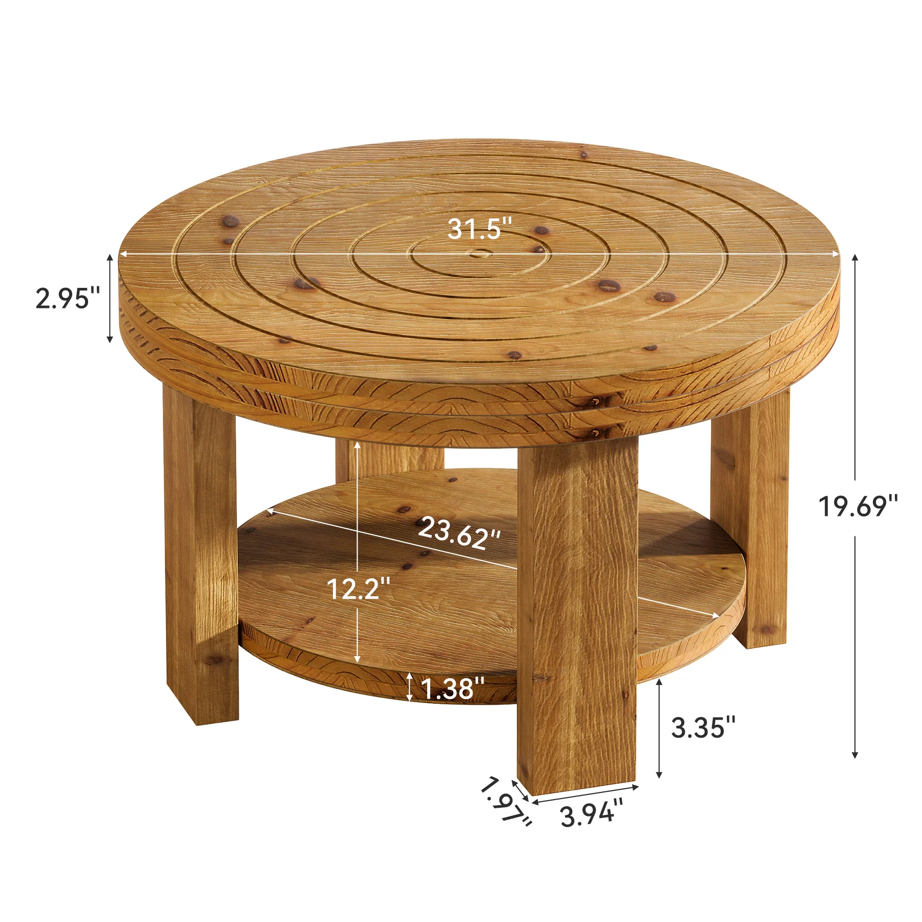 31.5-Inch Round Coffee Table, Farmhouse Solid Wood 2-Tier Storage Accent Table with Boho Design - Image 2