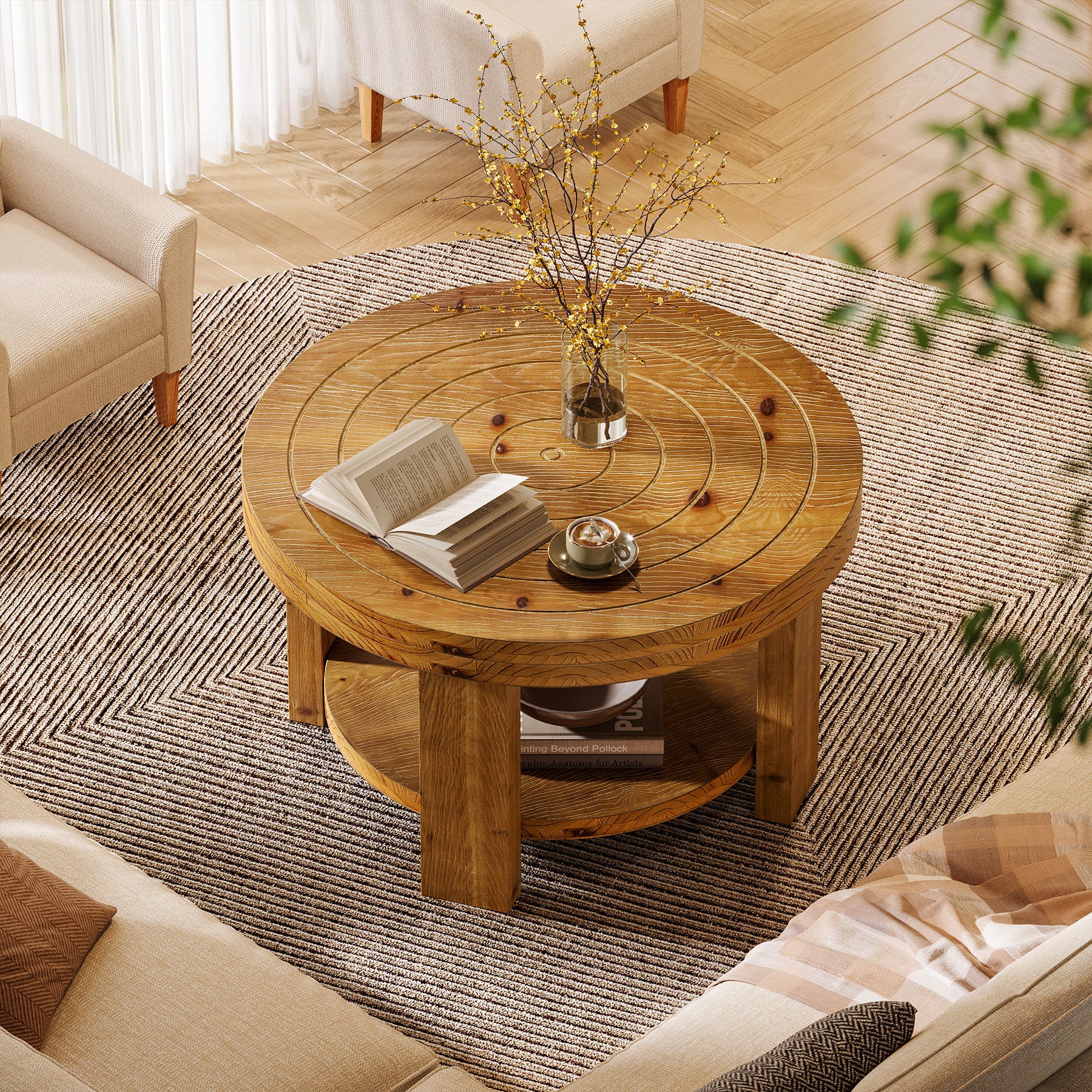 31.5-Inch Round Coffee Table, Farmhouse Solid Wood 2-Tier Storage Accent Table with Boho Design - Image 5
