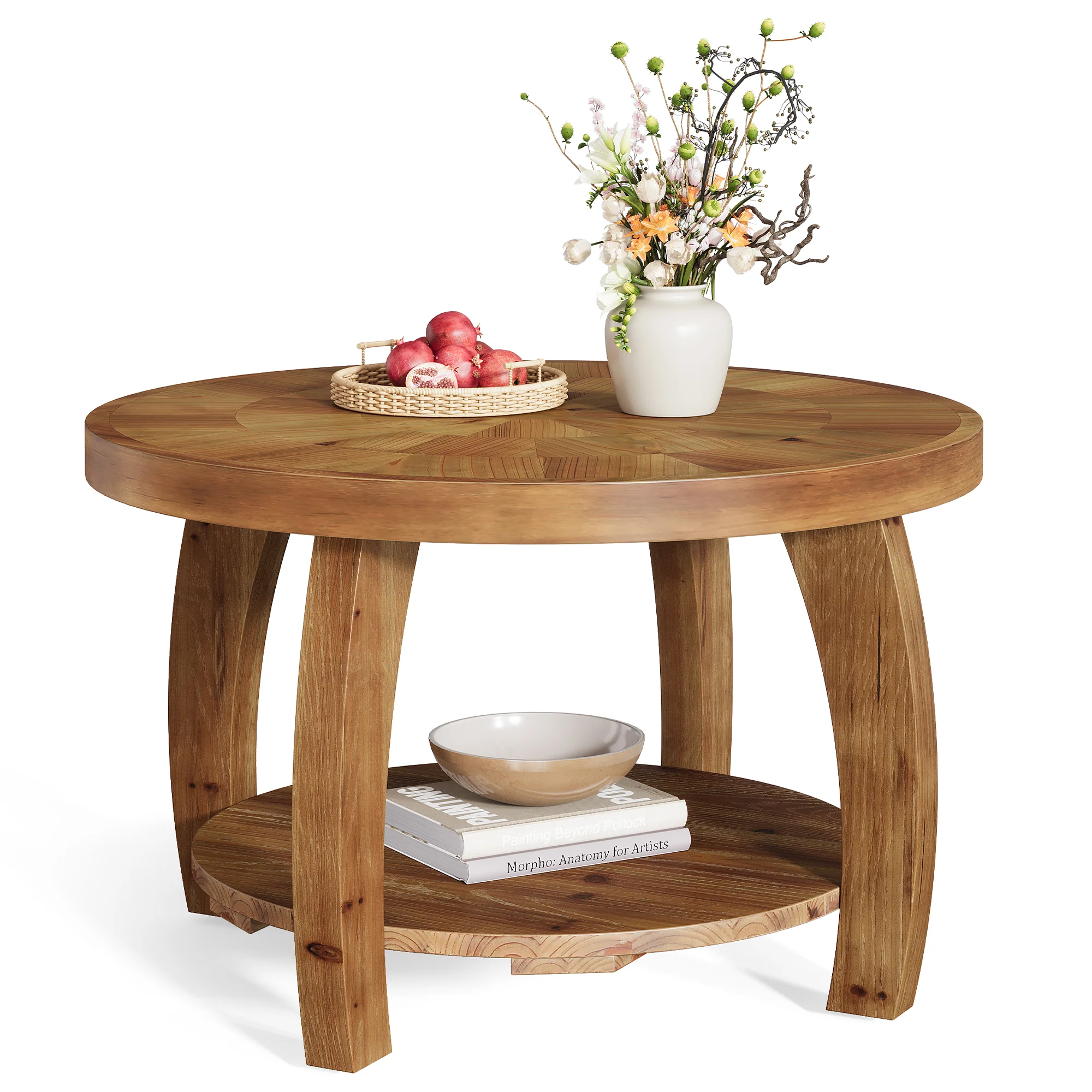 31.5-Inch Solid Wood Round Coffee Table, 2-Tier Center Table with Mosaic Pattern and Storage - Image 10