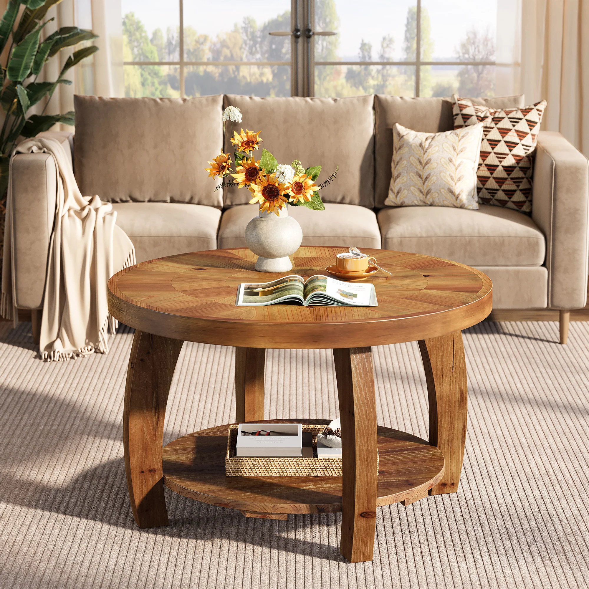 31.5-Inch Solid Wood Round Coffee Table, 2-Tier Center Table with Mosaic Pattern and Storage - Image 3
