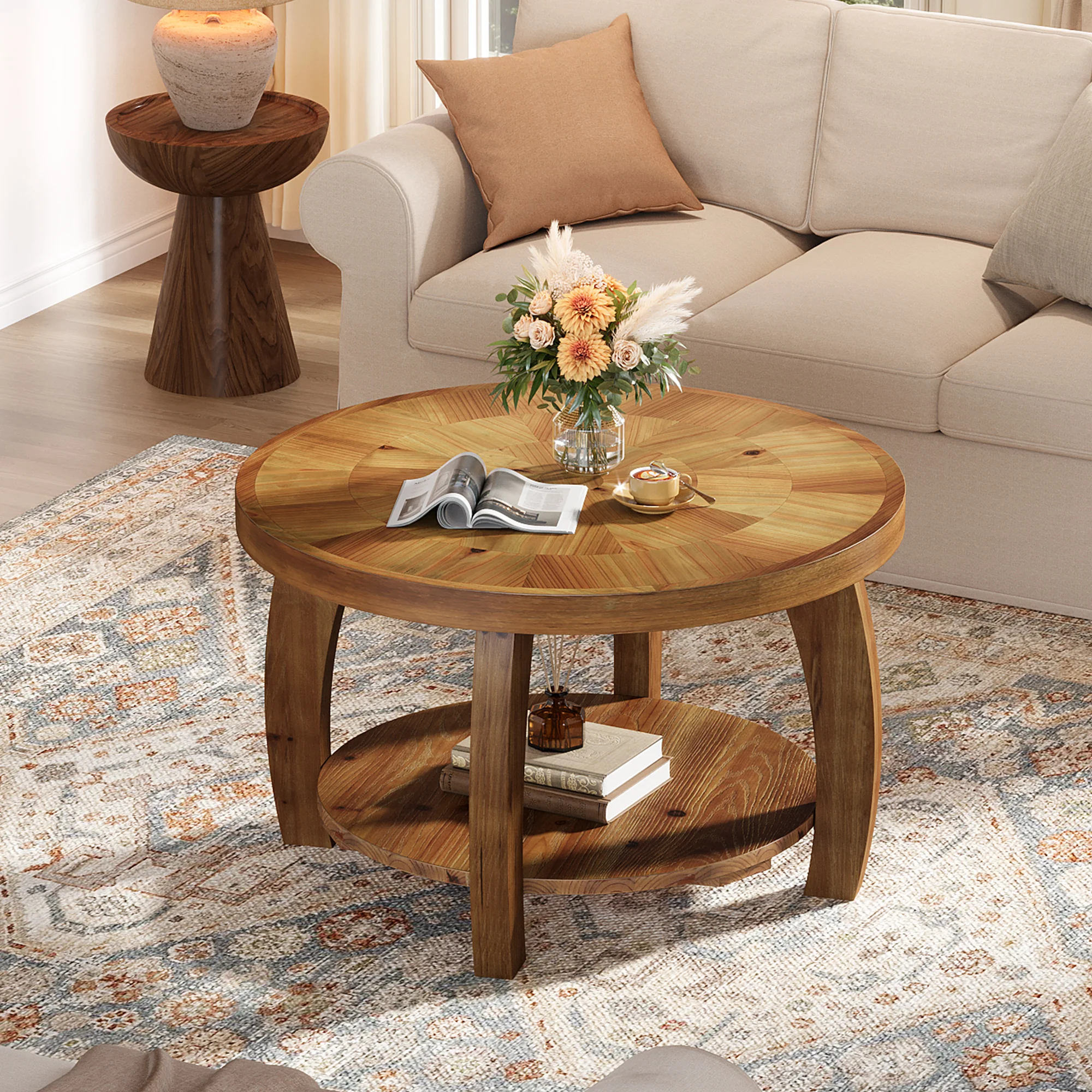 31.5-Inch Solid Wood Round Coffee Table, 2-Tier Center Table with Mosaic Pattern and Storage - Image 9