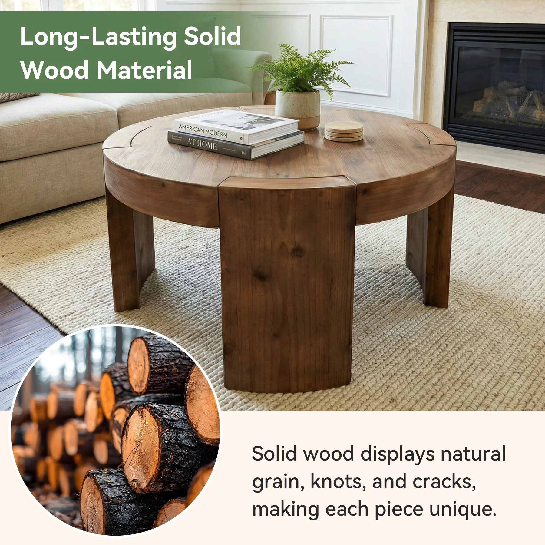 31.5 Inch Solid Wood Round Coffee Table with Integrated Tabletop, Farmhouse Center Table for Living Room - Image 11
