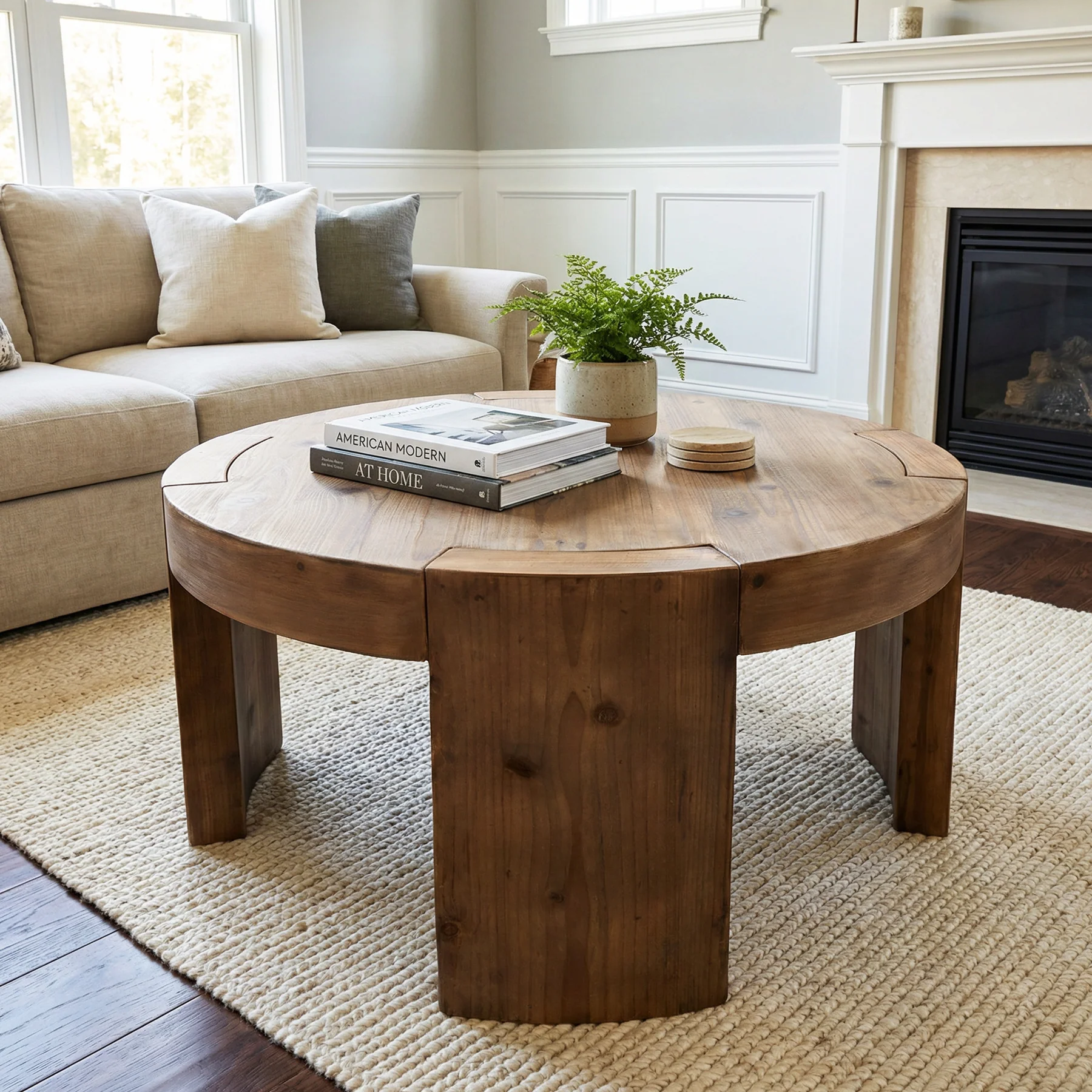 31.5 Inch Solid Wood Round Coffee Table with Integrated Tabletop, Farmhouse Center Table for Living Room - Image 4