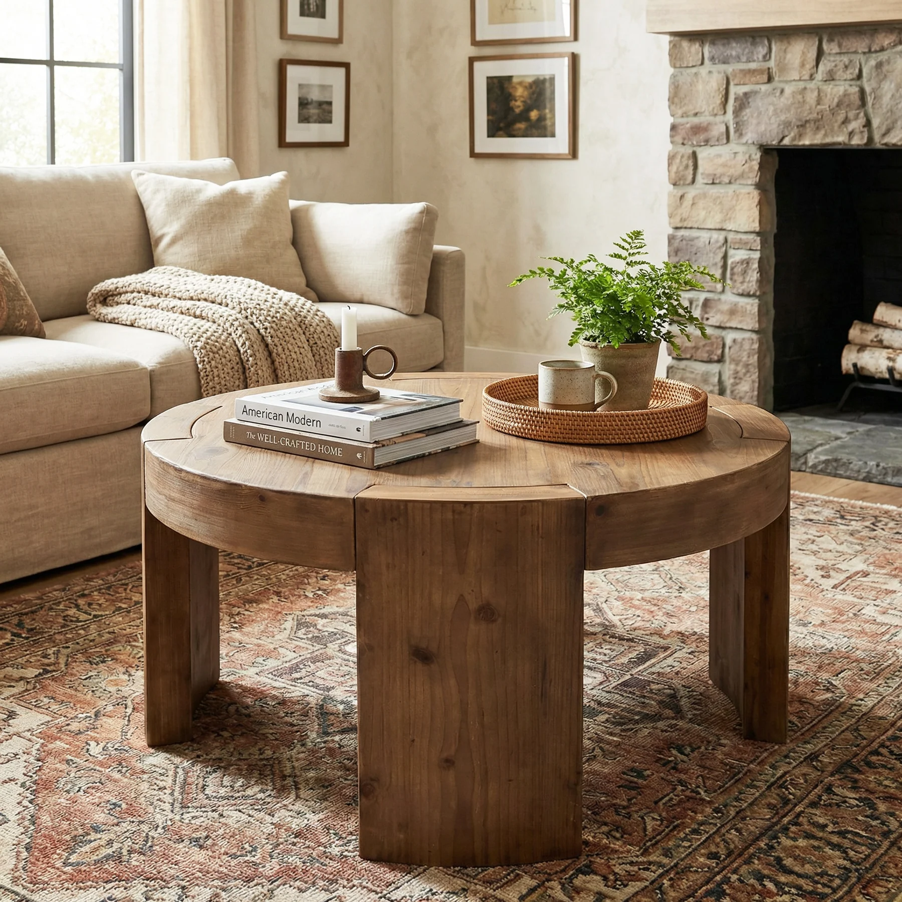 31.5 Inch Solid Wood Round Coffee Table with Integrated Tabletop, Farmhouse Center Table for Living Room - Image 5