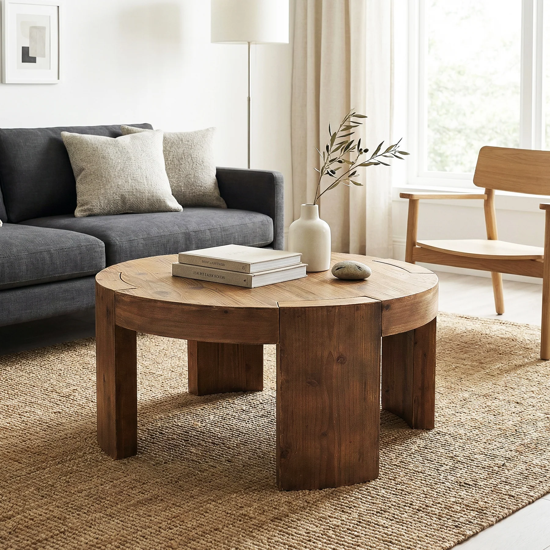 31.5 Inch Solid Wood Round Coffee Table with Integrated Tabletop, Farmhouse Center Table for Living Room - Image 6