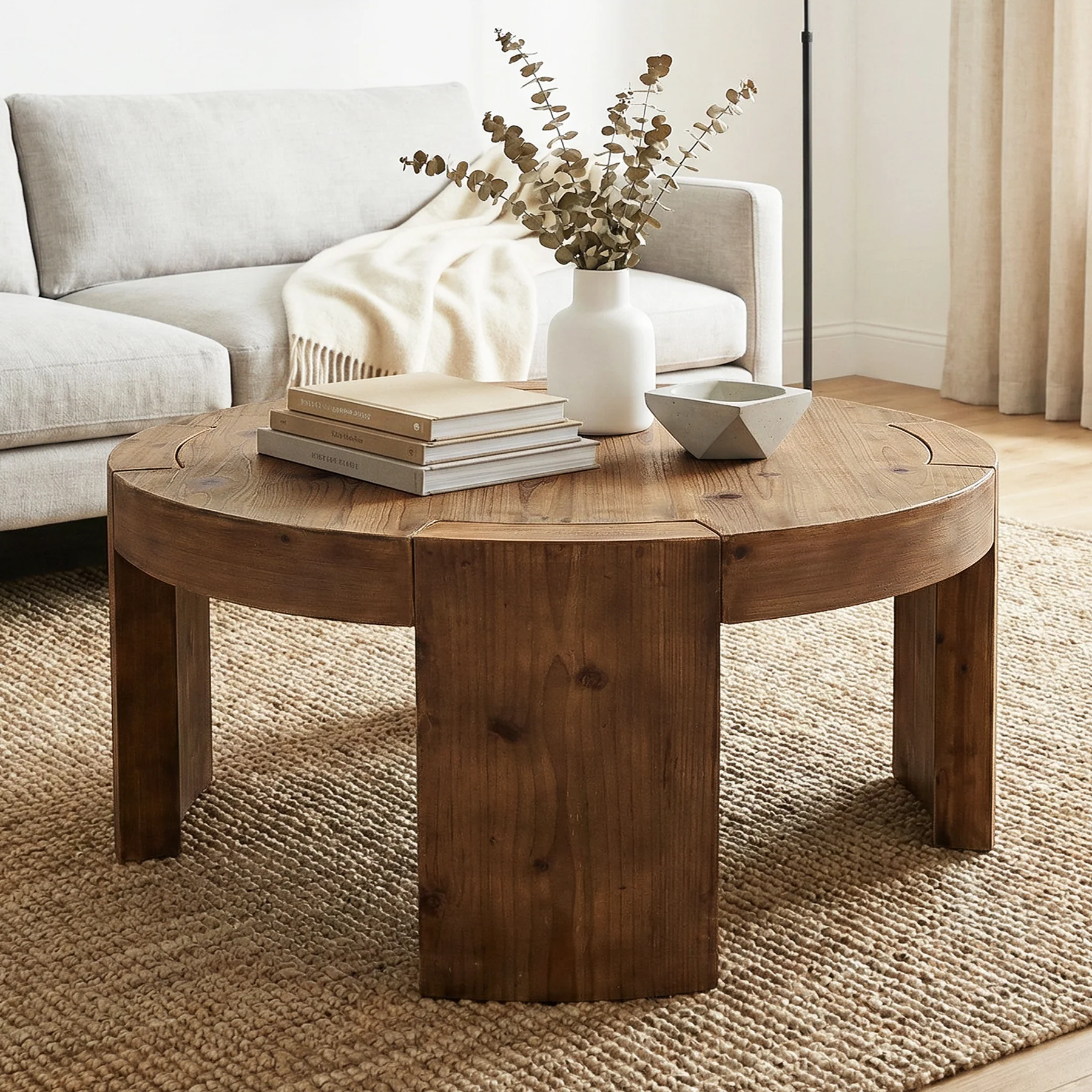 31.5 Inch Solid Wood Round Coffee Table with Integrated Tabletop, Farmhouse Center Table for Living Room - Image 7