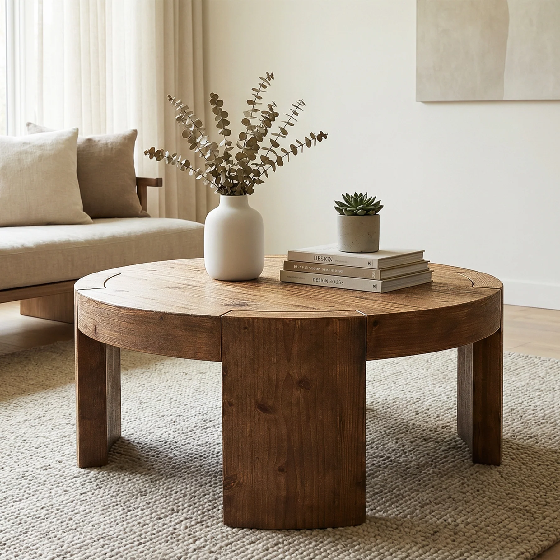 31.5 Inch Solid Wood Round Coffee Table with Integrated Tabletop, Farmhouse Center Table for Living Room - Image 8