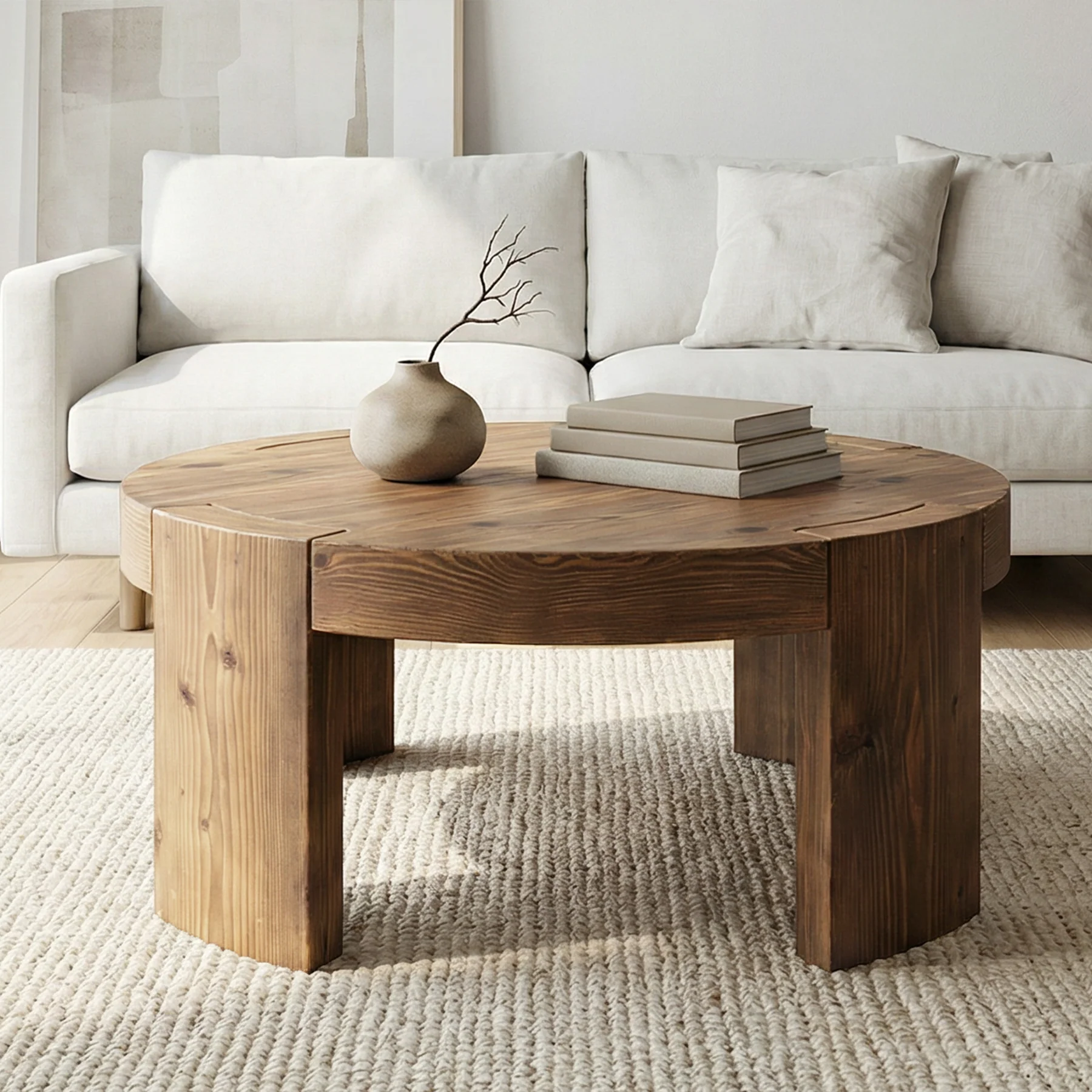 31.5 Inch Solid Wood Round Coffee Table with Integrated Tabletop, Farmhouse Center Table for Living Room - Image 9