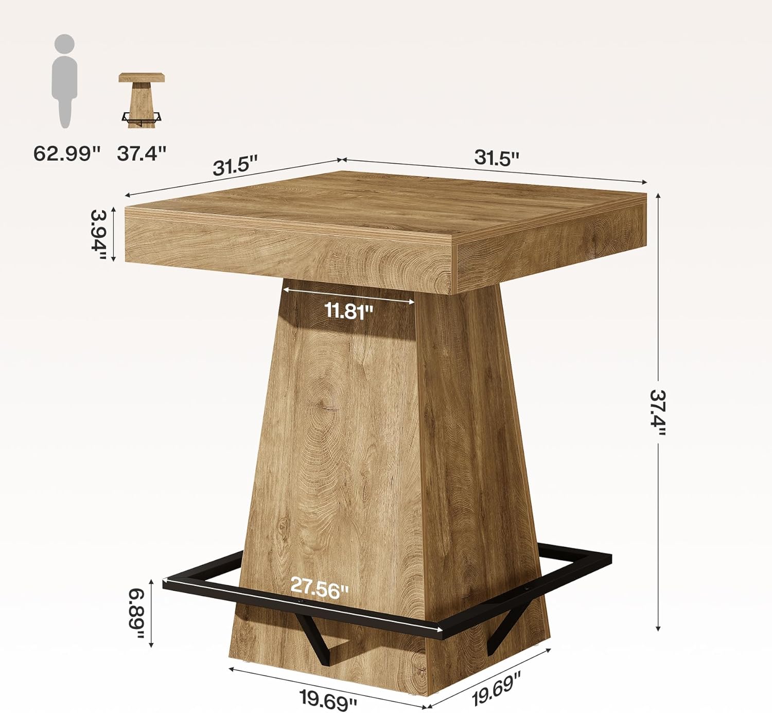 31.5-Inch Square Bar Table with 37.4-Inch Height and Metal Footrest for Dining Room and Bistro - Image 2