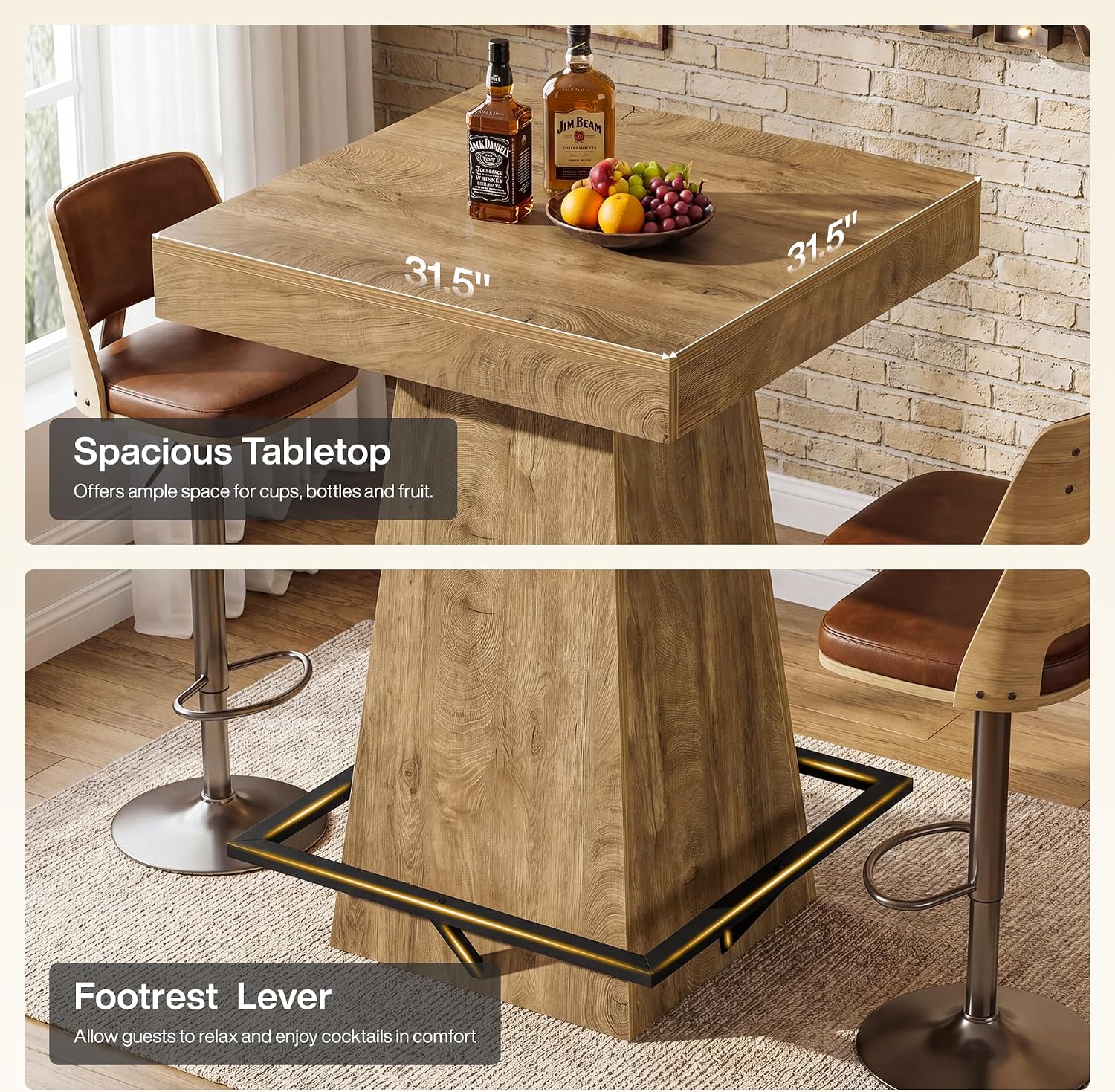 31.5-Inch Square Bar Table with 37.4-Inch Height and Metal Footrest for Dining Room and Bistro - Image 3
