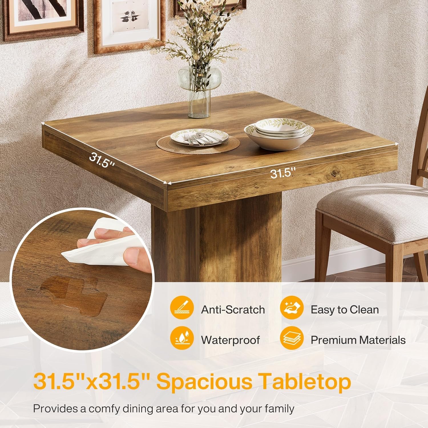 31.5-Inch Square Dining Table for 4, Farmhouse Wooden Kitchen Table with Pedestal Base - Image 4