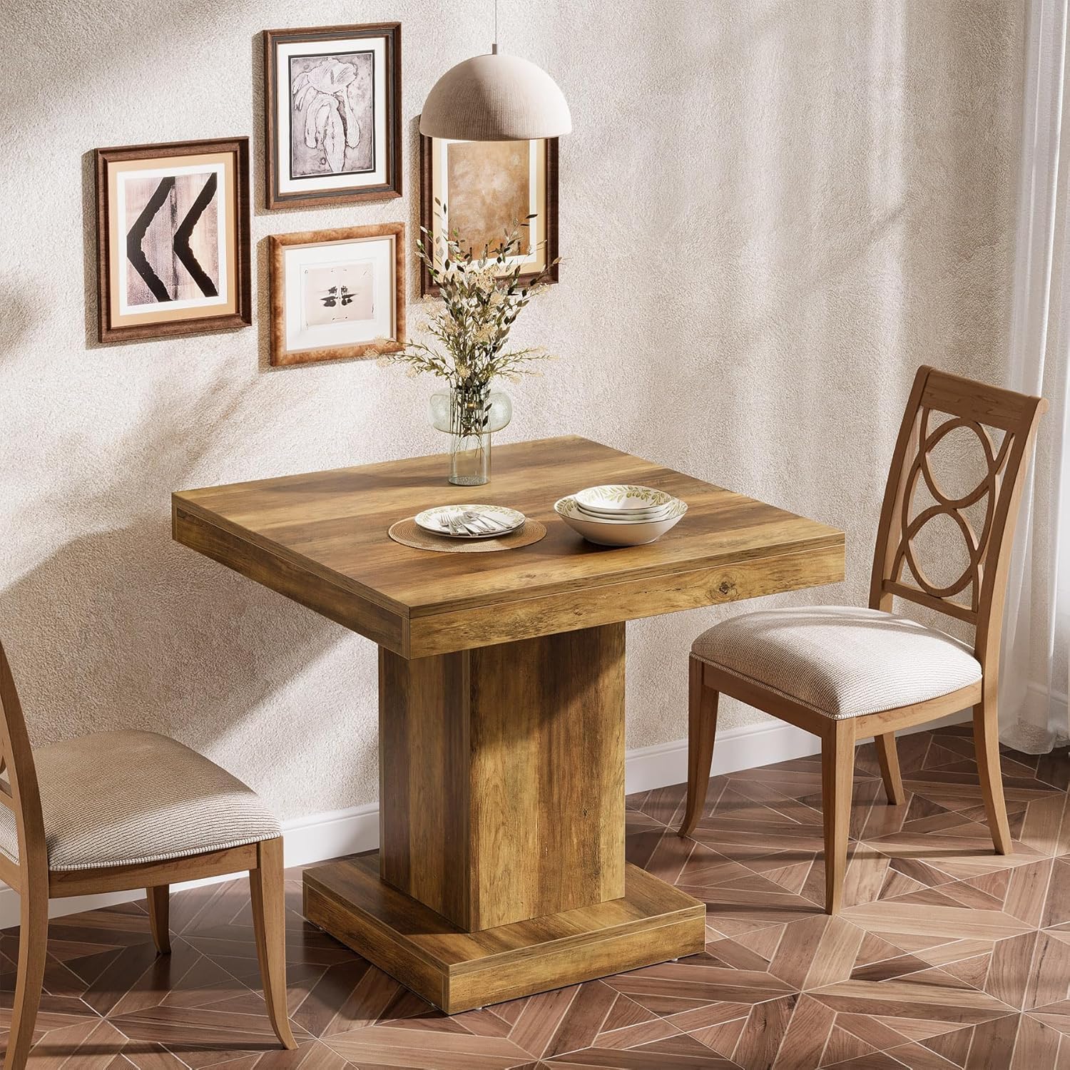 31.5-Inch Square Dining Table for 4, Farmhouse Wooden Kitchen Table with Pedestal Base - Image 6