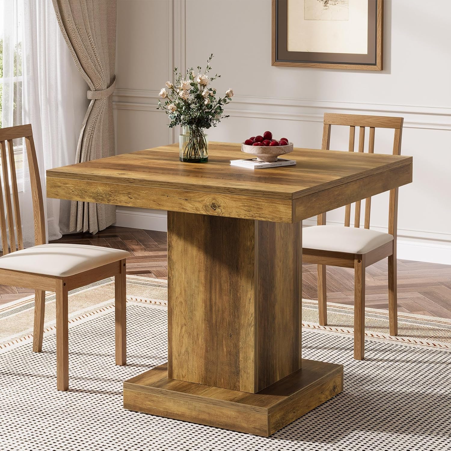 31.5-Inch Square Dining Table for 4, Farmhouse Wooden Kitchen Table with Pedestal Base - Image 8