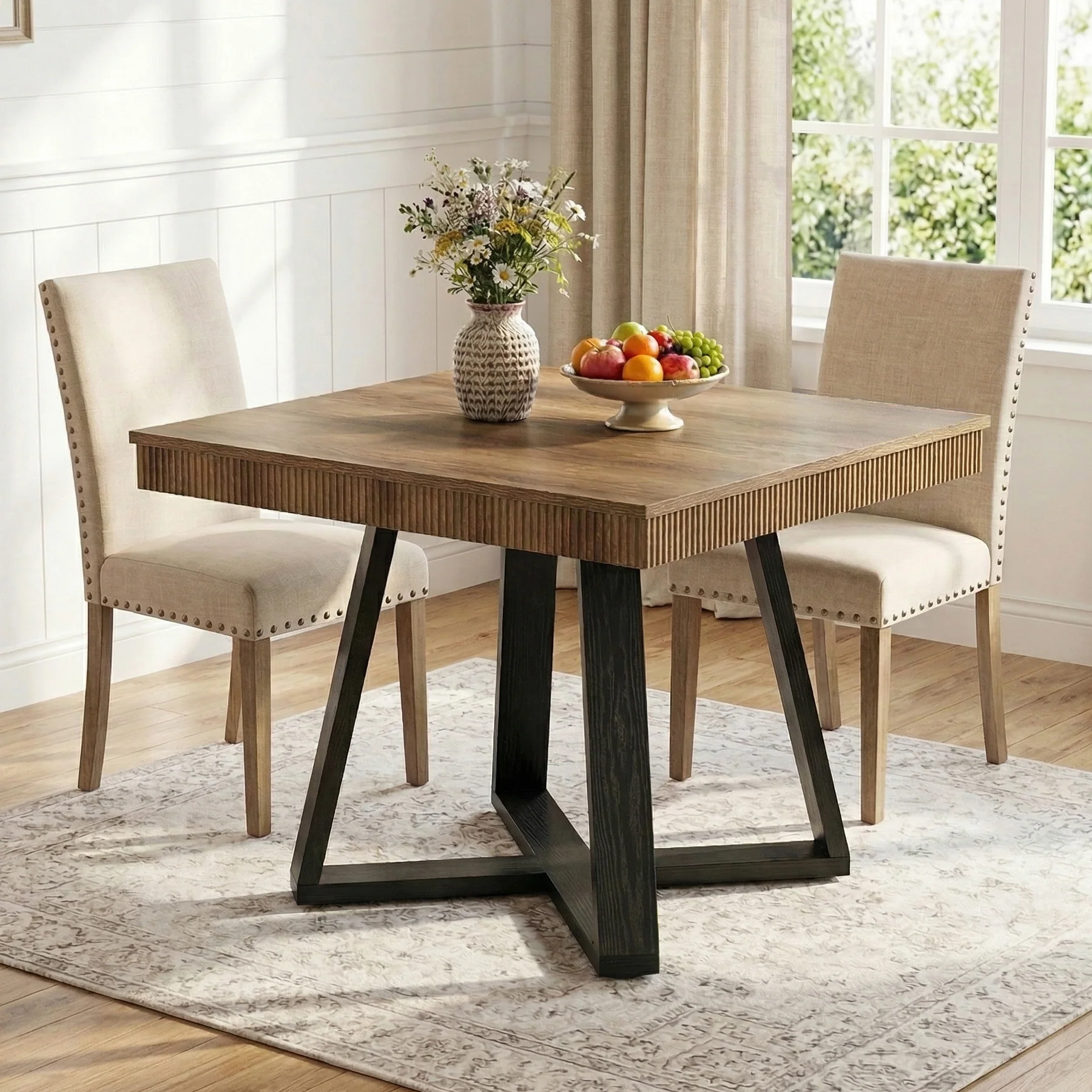31.5-Inch Square Dining Table for 4, Rustic Wood Table with Fluted Edge and X-Base - Image 5
