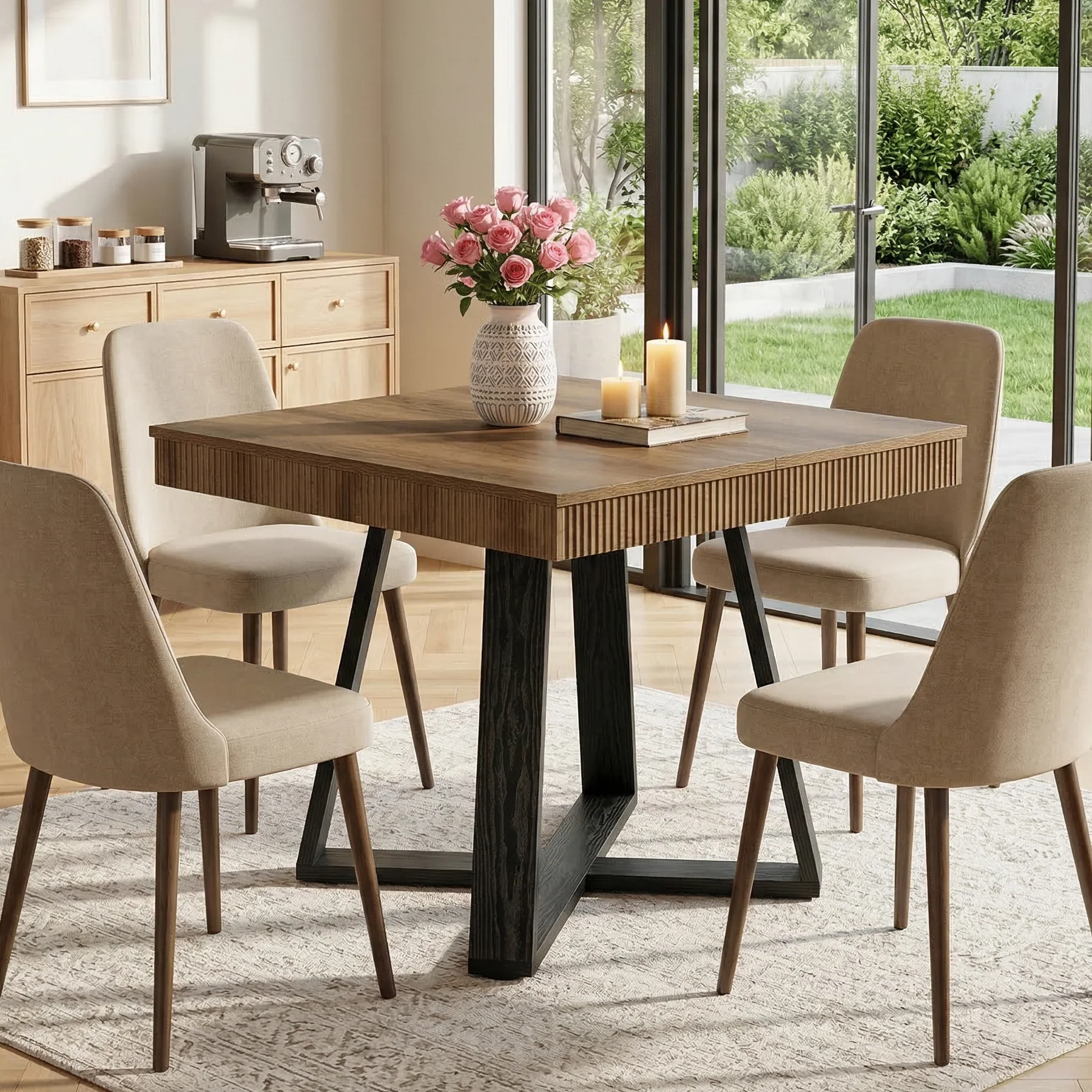 31.5-Inch Square Dining Table for 4, Rustic Wood Table with Fluted Edge and X-Base - Image 6