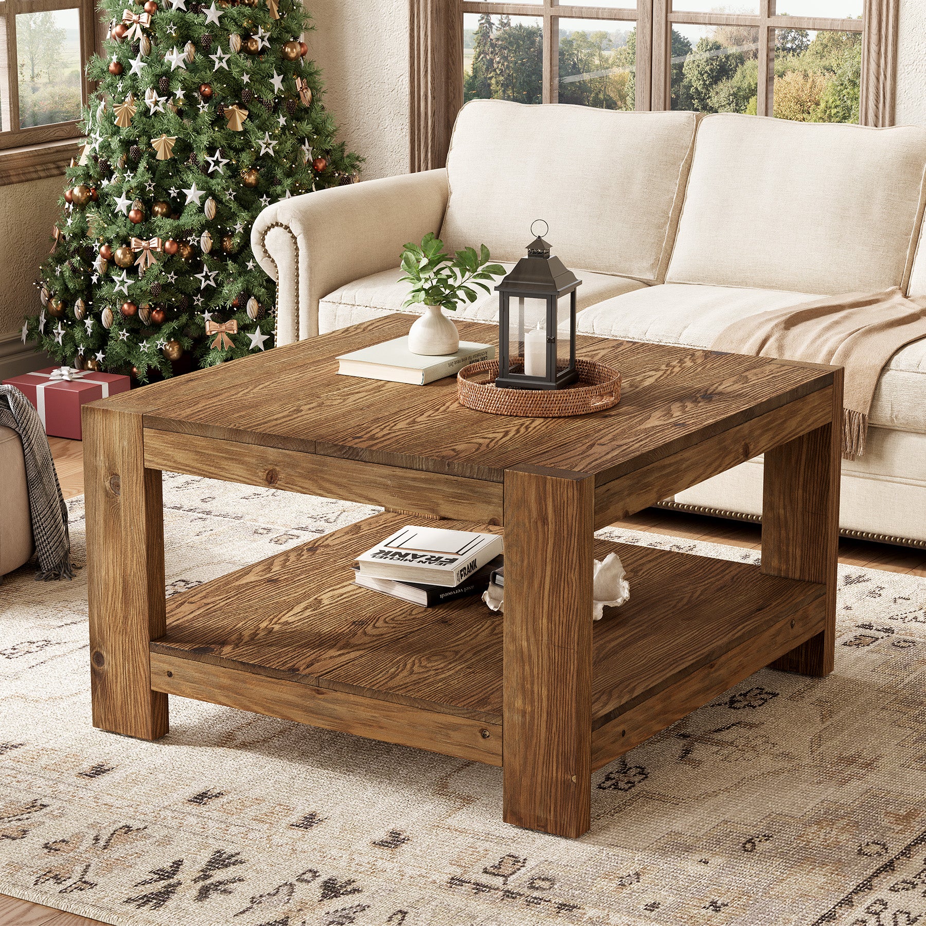 Tribesigns 31.5-Inch Square Farmhouse Coffee Table with Storage Shelf, Solid Wood Center Table for Living Room - Image 10