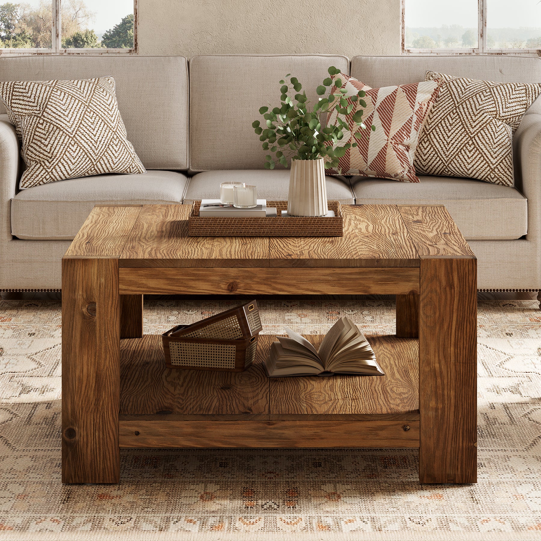 Tribesigns 31.5-Inch Square Farmhouse Coffee Table with Storage Shelf, Solid Wood Center Table for Living Room - Image 11