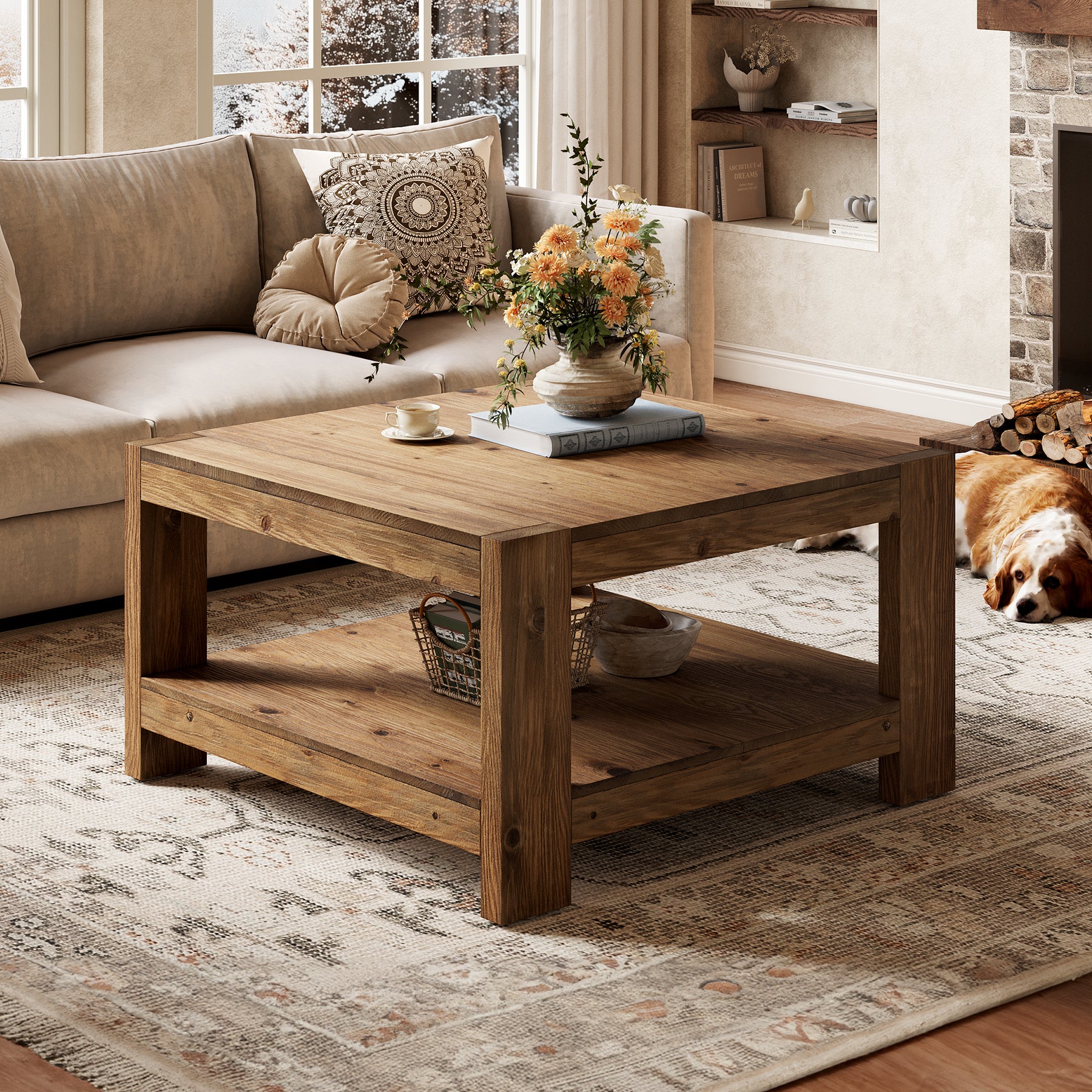 Tribesigns 31.5-Inch Square Farmhouse Coffee Table with Storage Shelf, Solid Wood Center Table for Living Room - Image 12