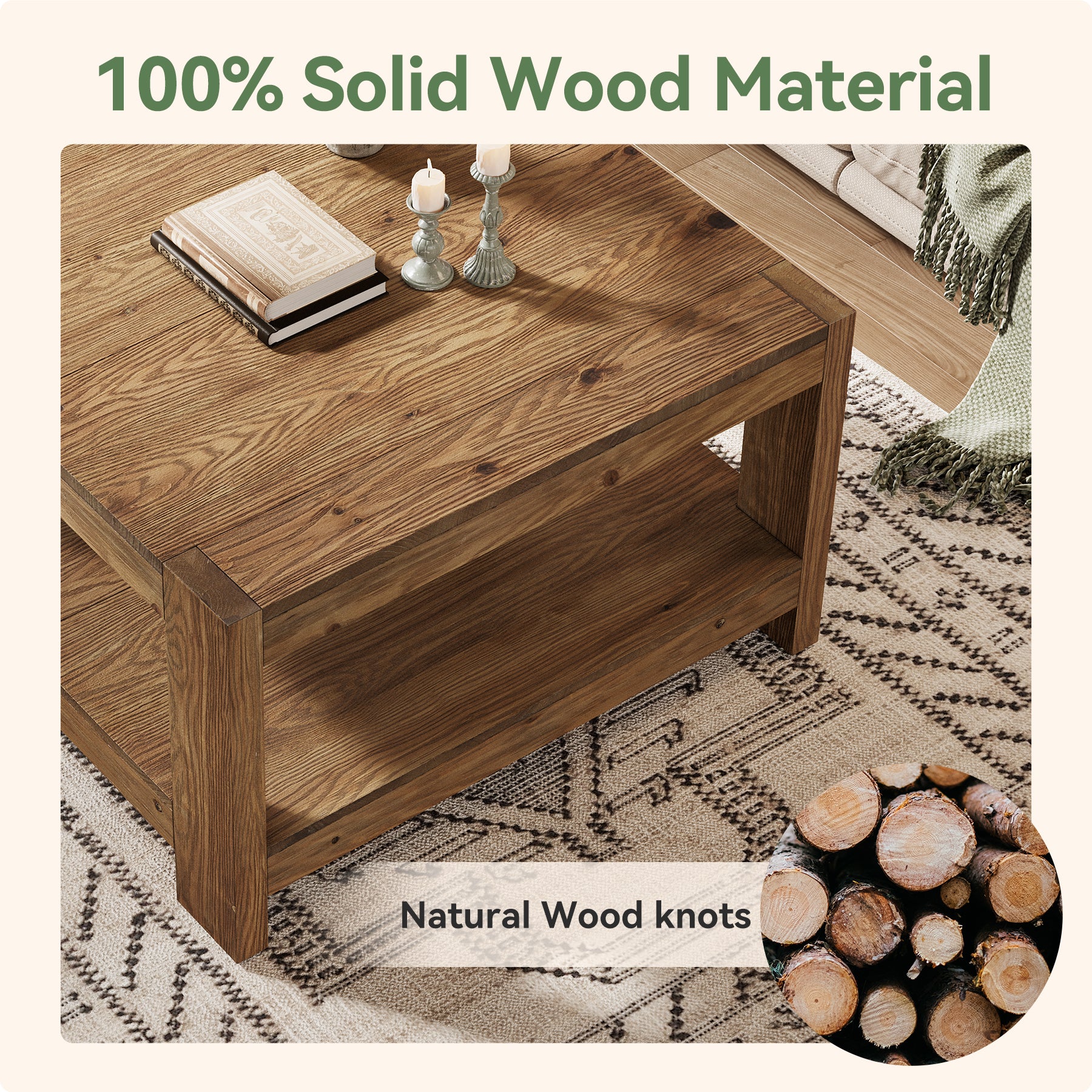 Tribesigns 31.5-Inch Square Farmhouse Coffee Table with Storage Shelf, Solid Wood Center Table for Living Room - Image 3