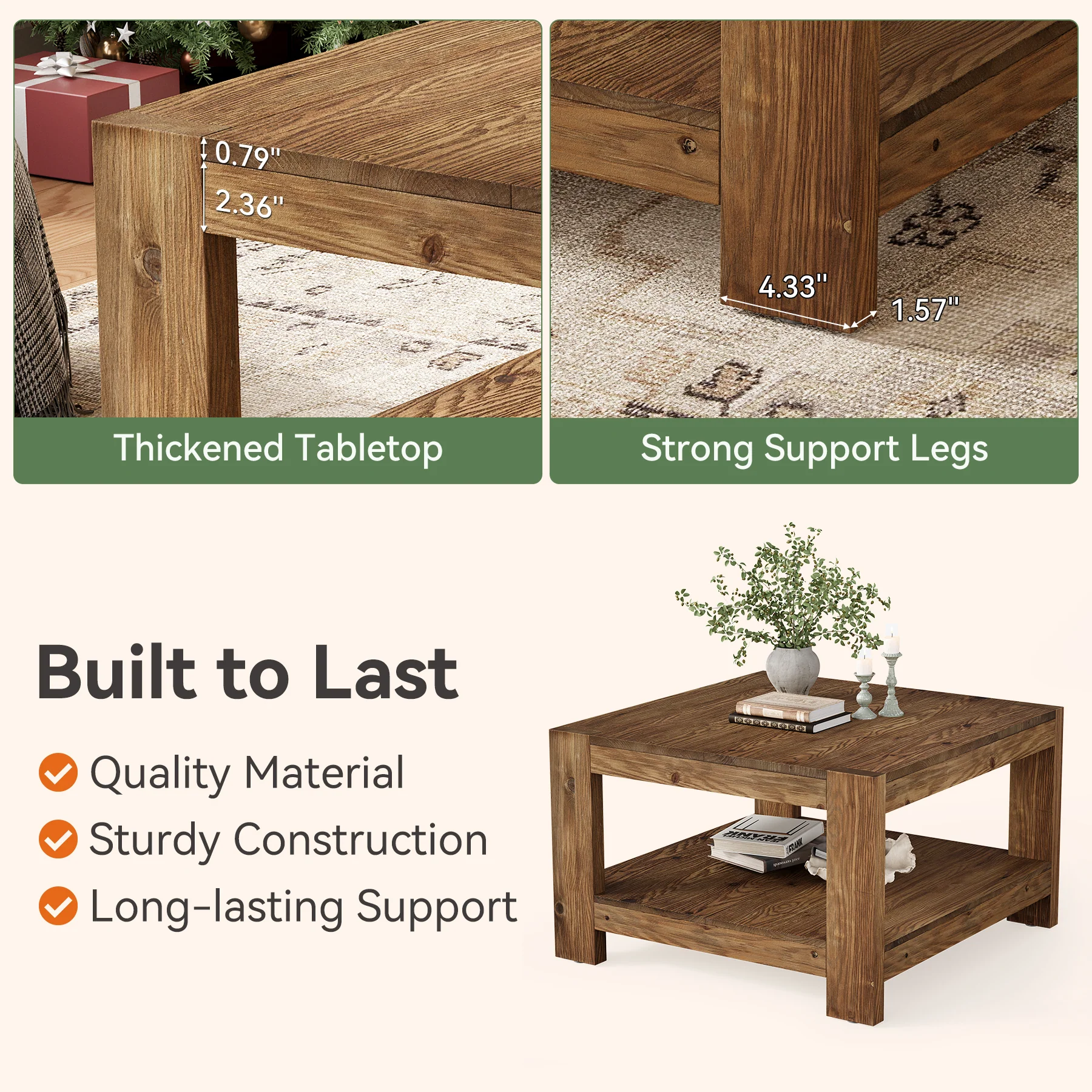 Tribesigns 31.5-Inch Square Farmhouse Coffee Table with Storage Shelf, Solid Wood Center Table for Living Room - Image 4