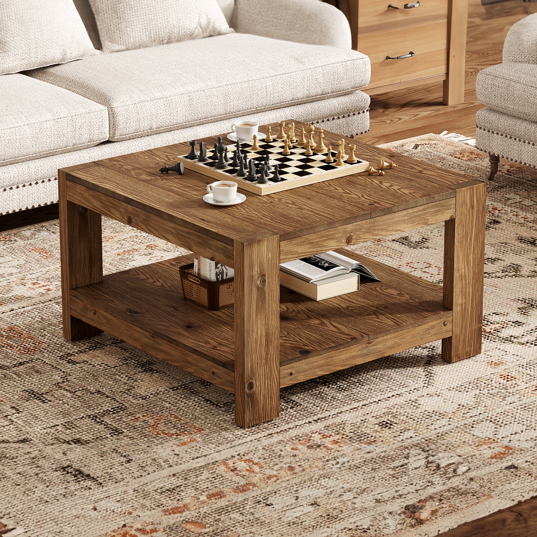 Tribesigns 31.5-Inch Square Farmhouse Coffee Table with Storage Shelf, Solid Wood Center Table for Living Room - Image 5