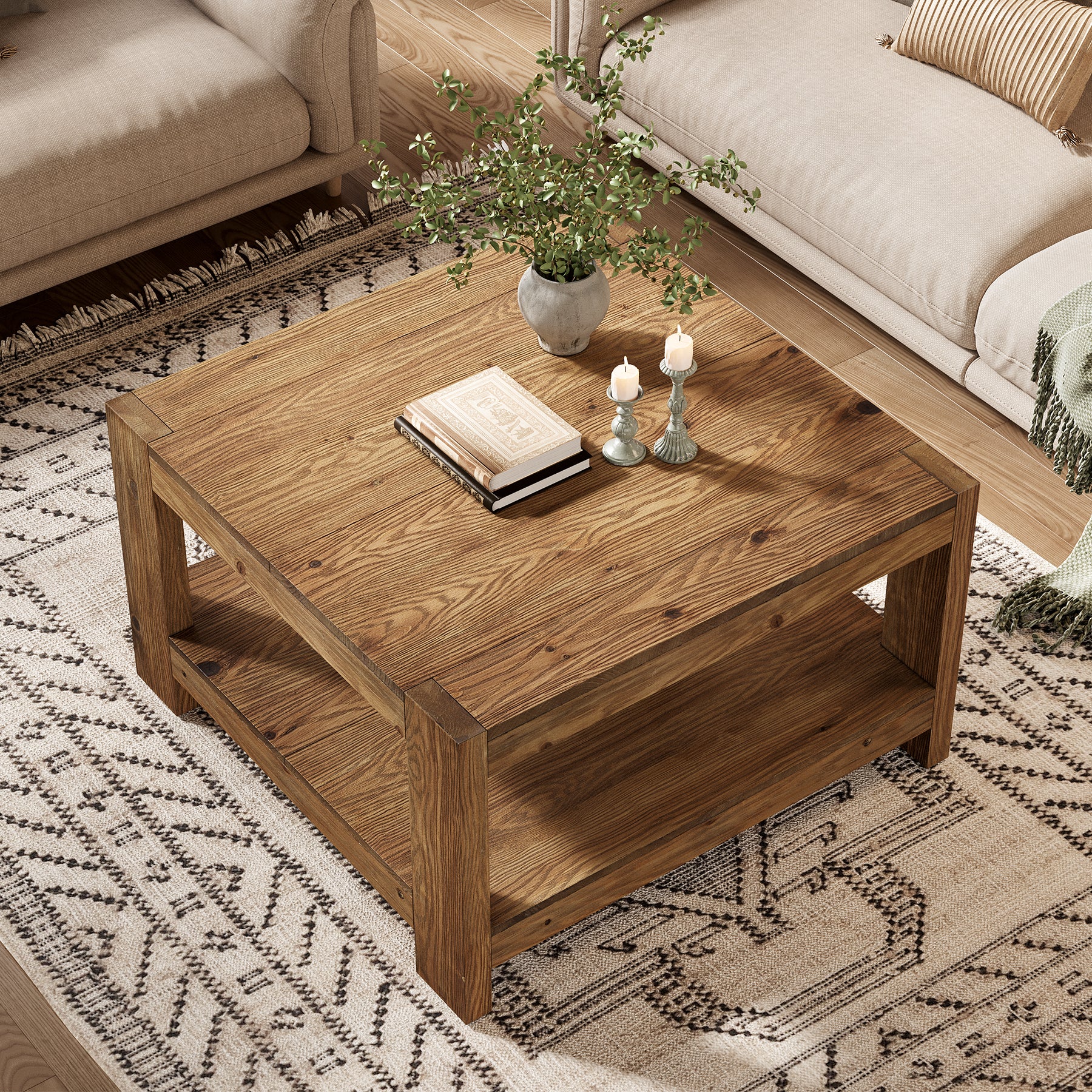 Tribesigns 31.5-Inch Square Farmhouse Coffee Table with Storage Shelf, Solid Wood Center Table for Living Room - Image 6