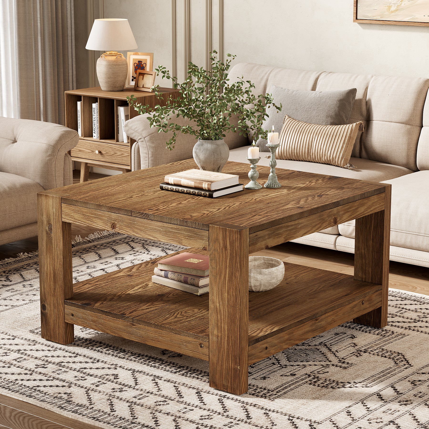 Tribesigns 31.5-Inch Square Farmhouse Coffee Table with Storage Shelf, Solid Wood Center Table for Living Room - Image 7