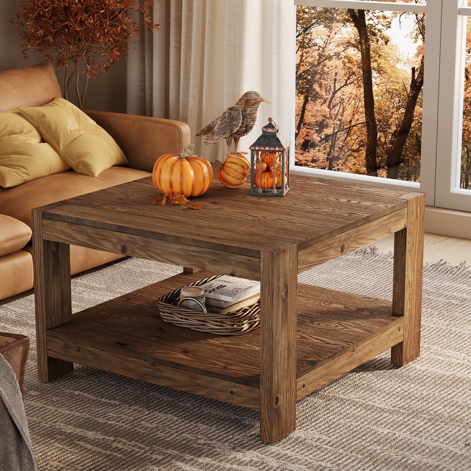 Tribesigns 31.5-Inch Square Farmhouse Coffee Table with Storage Shelf, Solid Wood Center Table for Living Room - Image 8