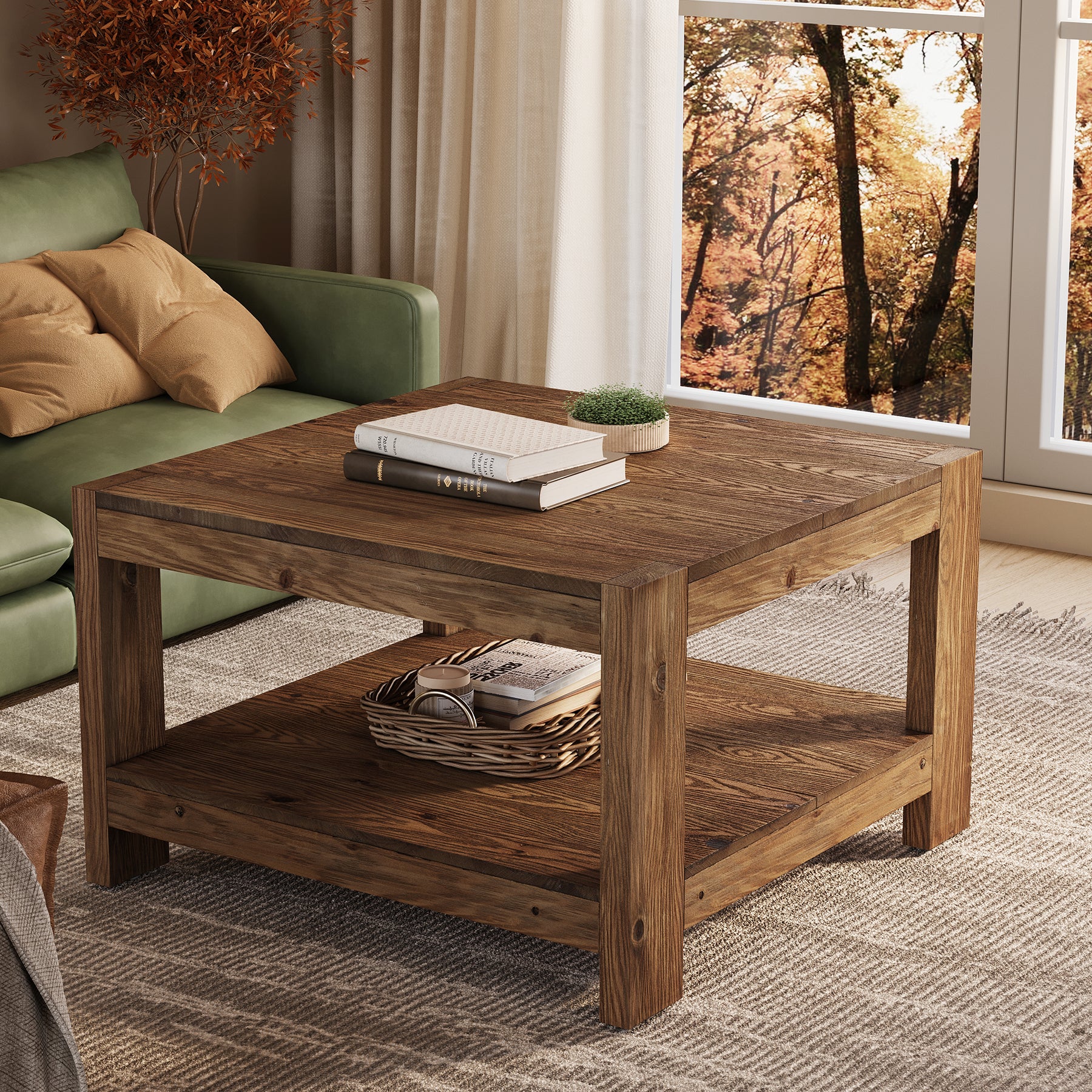 Tribesigns 31.5-Inch Square Farmhouse Coffee Table with Storage Shelf, Solid Wood Center Table for Living Room - Image 9