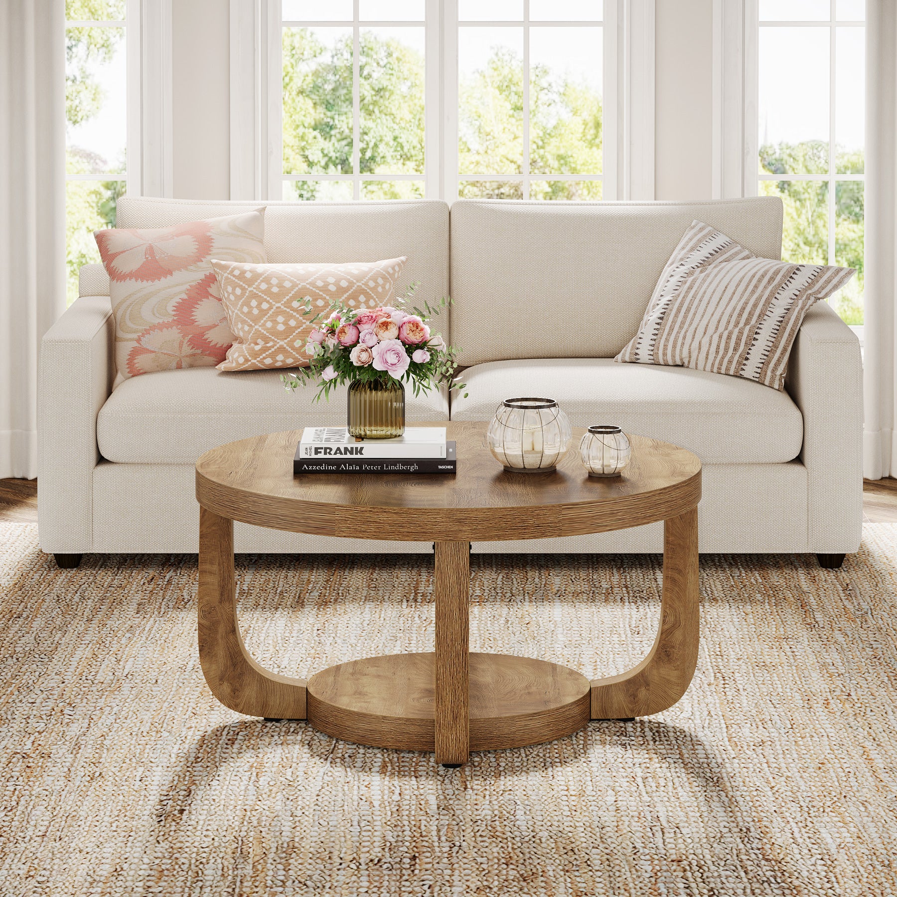 31.5" Round Coffee Table - 2-Tier Accent Center Table with Storage Shelf - Image 10