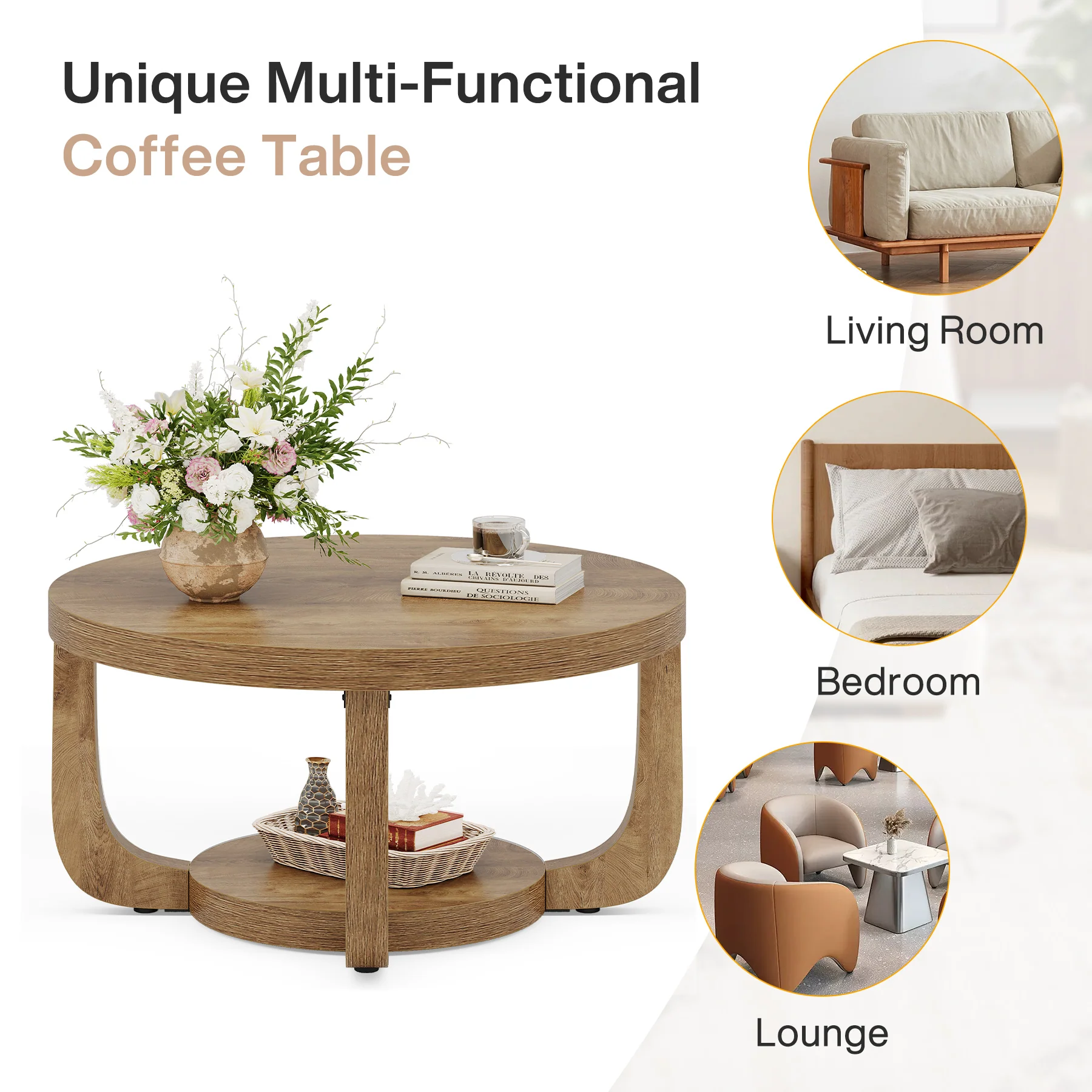 31.5" Round Coffee Table - 2-Tier Accent Center Table with Storage Shelf - Image 12