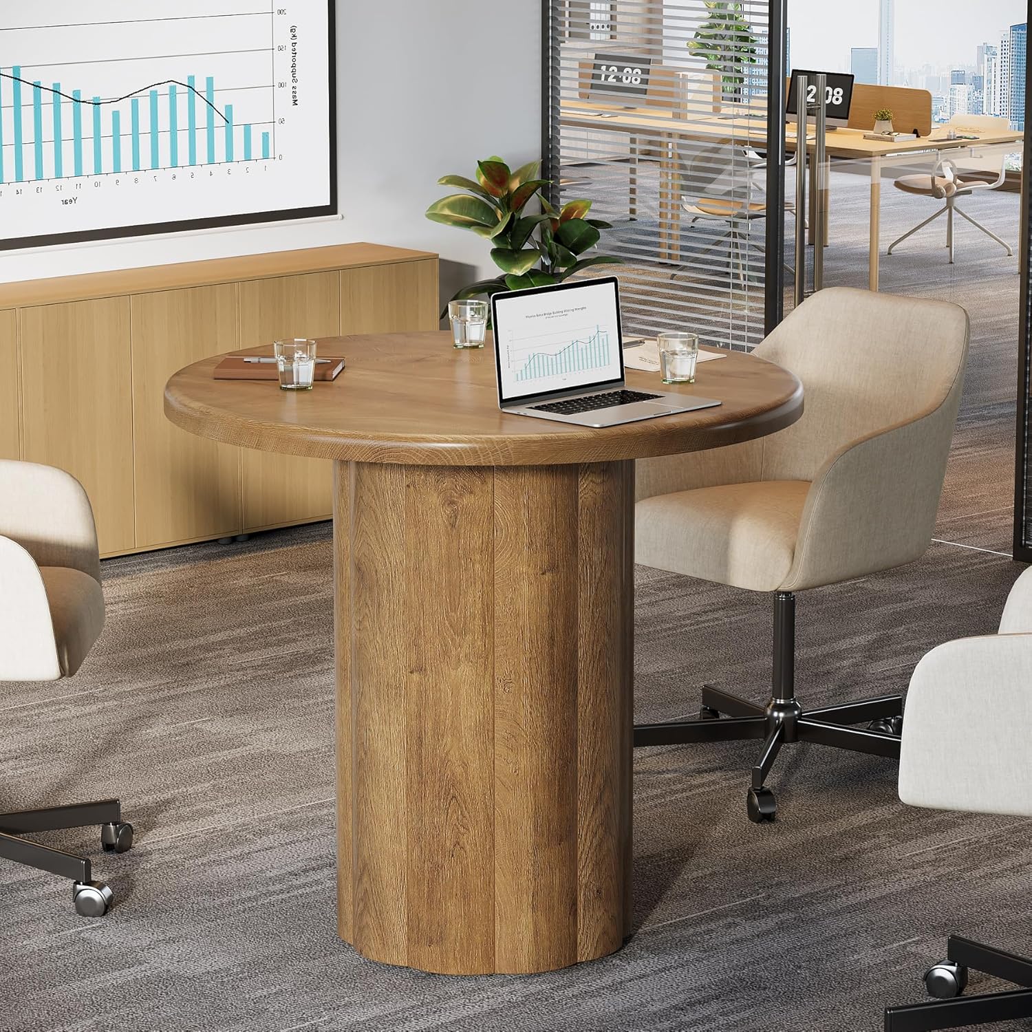 31.5" Round Conference Table - 4-Person Office Desk for Meeting Room & Lounge in Brown - Image 3