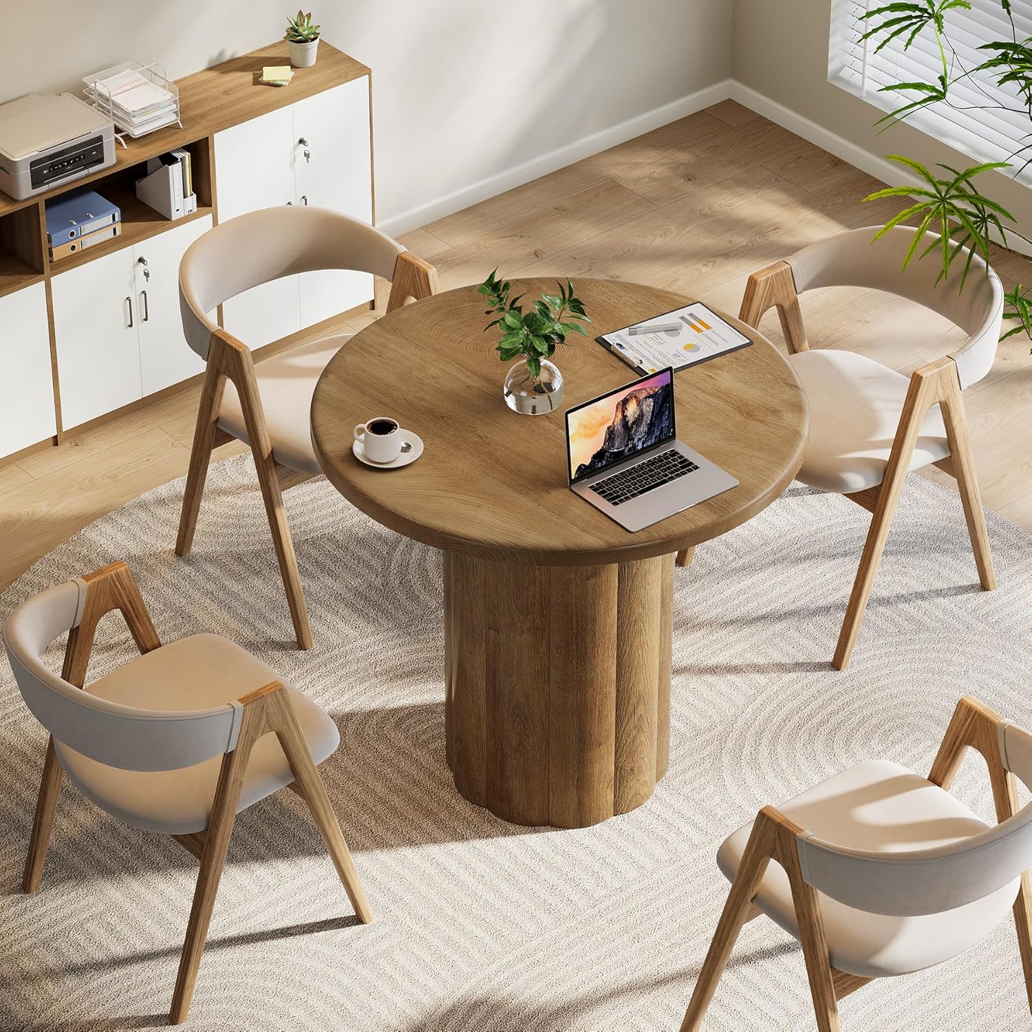 31.5" Round Conference Table - 4-Person Office Desk for Meeting Room & Lounge in Brown - Image 5