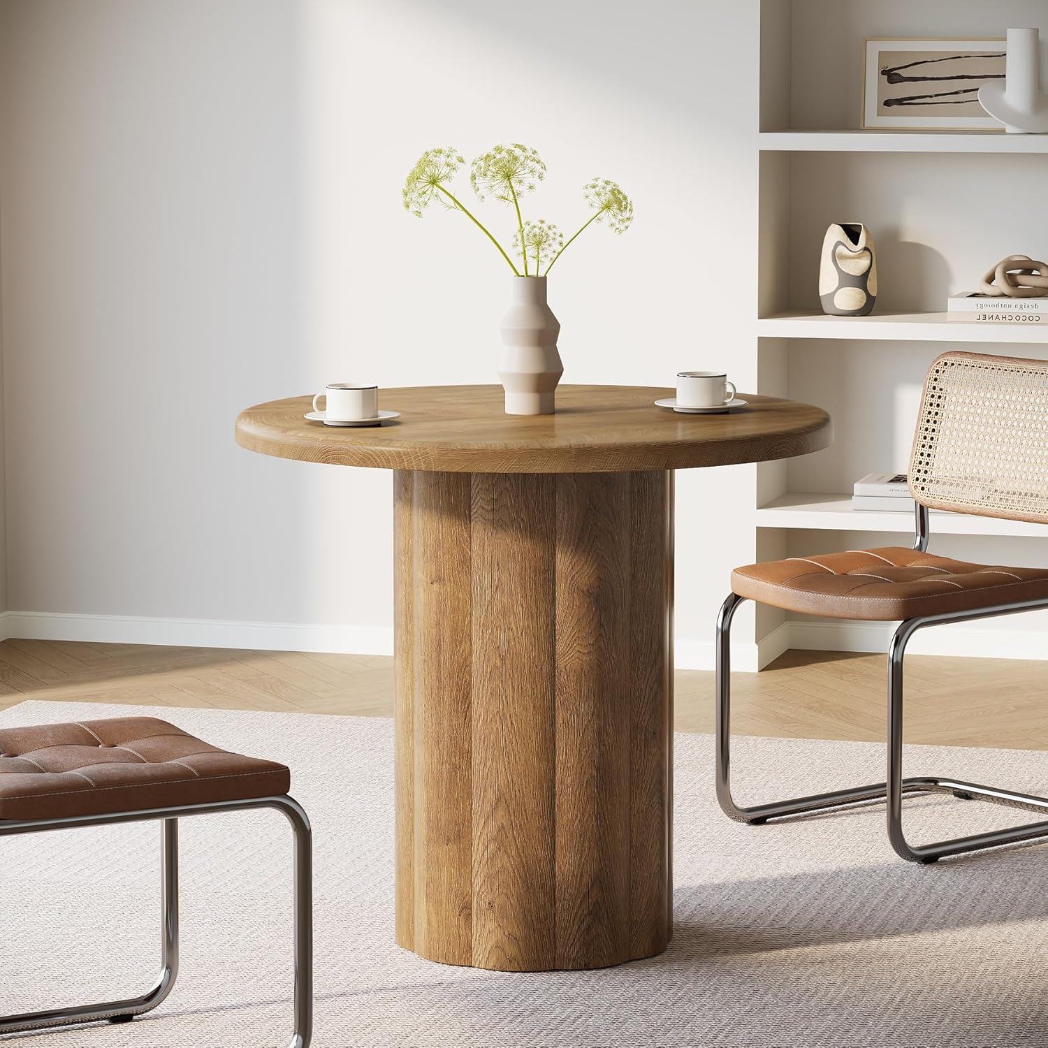 31.5" Round Conference Table - 4-Person Office Desk for Meeting Room & Lounge in Brown - Image 6