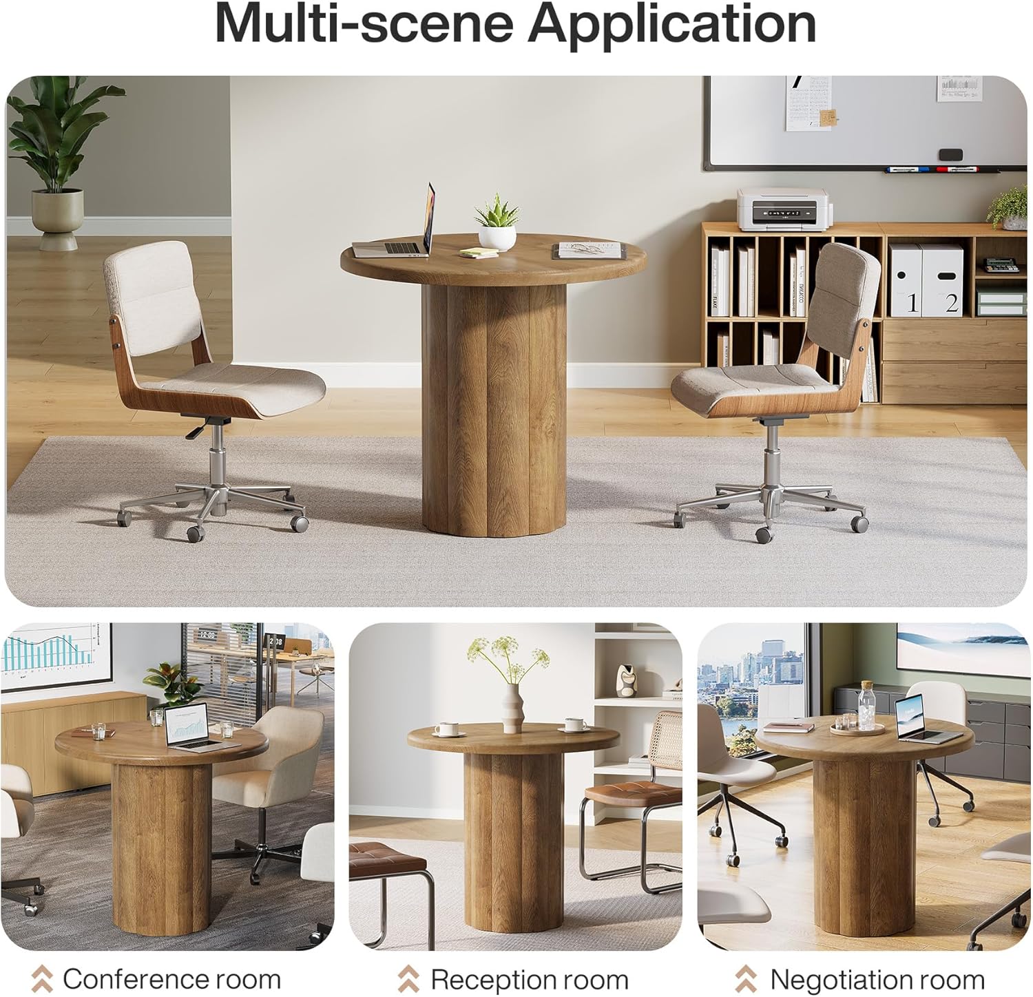 31.5" Round Conference Table - 4-Person Office Desk for Meeting Room & Lounge in Brown - Image 7
