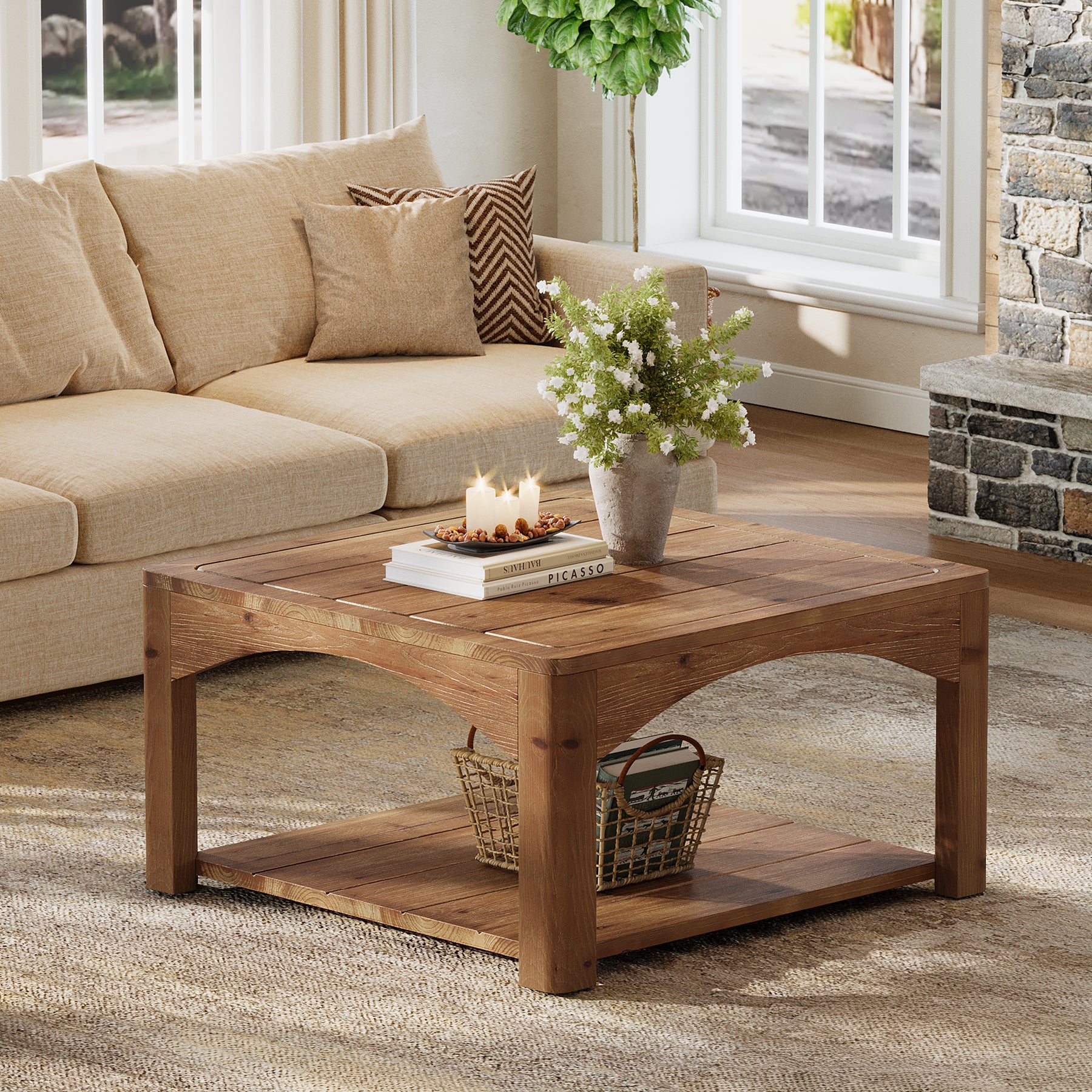 31.5" Square Solid Wood Coffee Table with 2-Tier Storage, Wooden Center Table for Living Room - Image 10