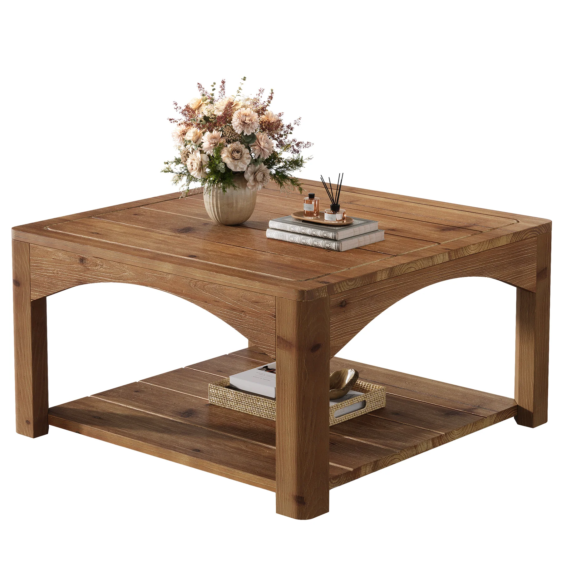 31.5" Square Solid Wood Coffee Table with 2-Tier Storage, Wooden Center Table for Living Room - Image 11